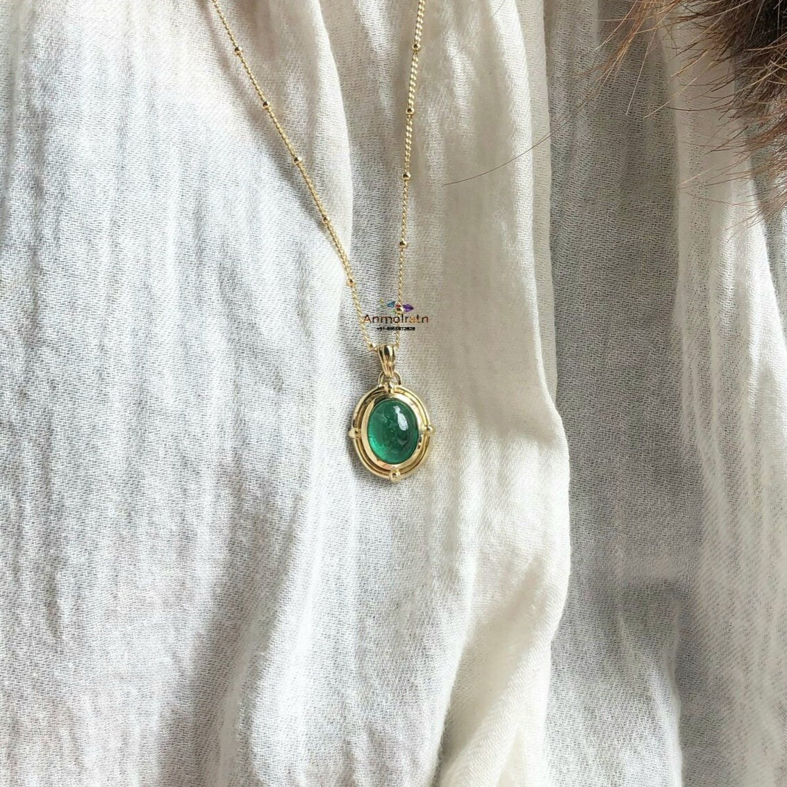 14k Emerald Pendant For Men & Women, 5Ct Top Green Emerald Solitaire Pendant For Gift, Bezel Set Dainty Emerald Cabochon Birthstone Pendant