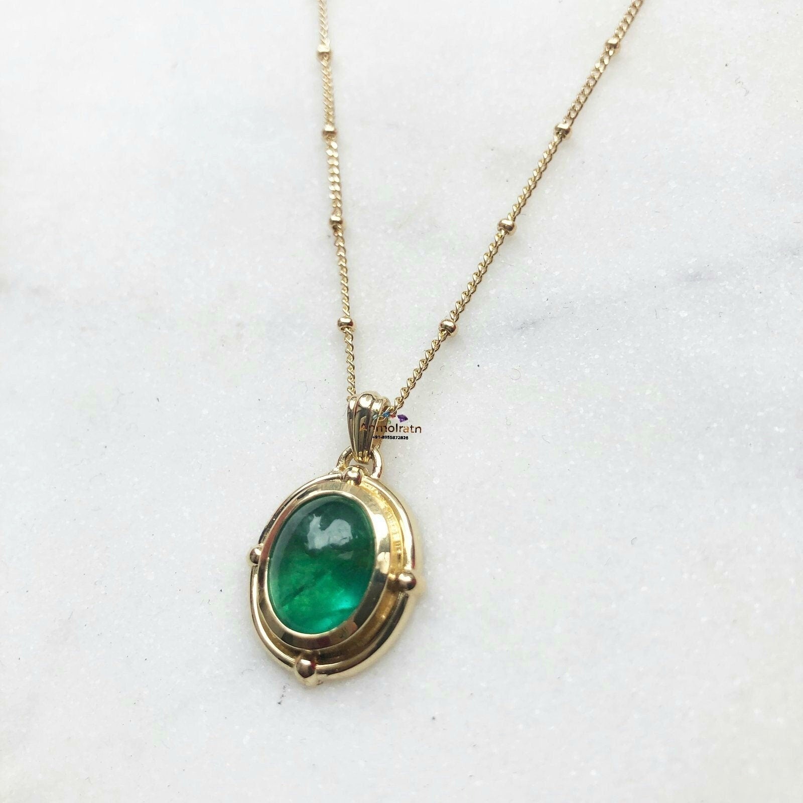 14k Emerald Pendant For Men & Women, 5Ct Top Green Emerald Solitaire Pendant For Gift, Bezel Set Dainty Emerald Cabochon Birthstone Pendant