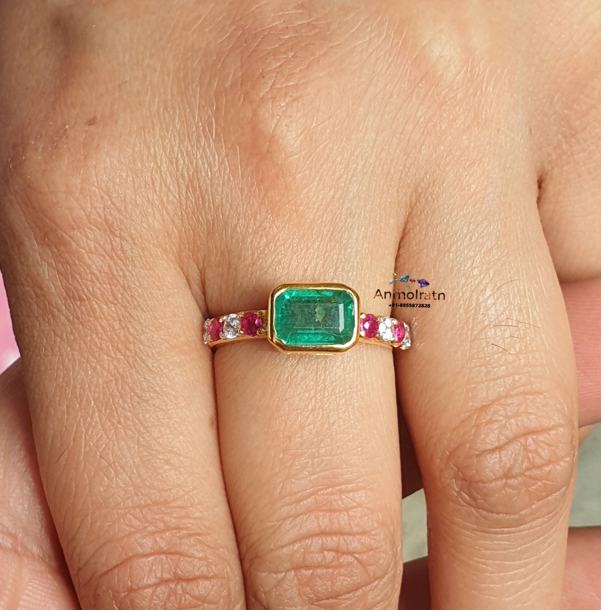 Emerald Cut Stacking Ring For Women, East West Bezel Set Green Emerald Solitaire Dainty Ring, Simple Emerald Octagon Silver Ring For Her