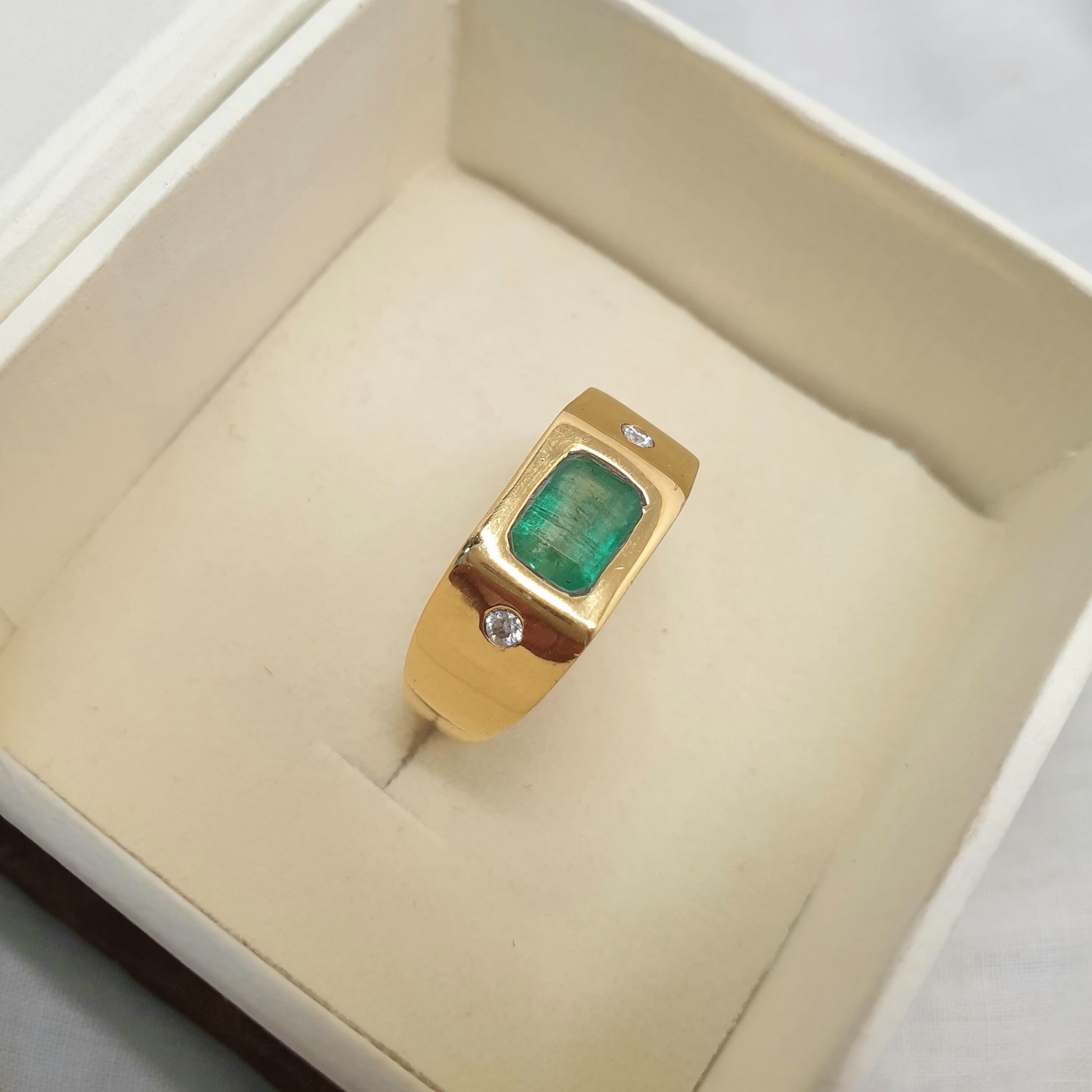 Vintage Emerald Octagon Ring, Untreated Green Emerald Gypsy Ring, Natural Emerald Cut Gold Ring, Emerald Birthstone Ring For Men & Women
