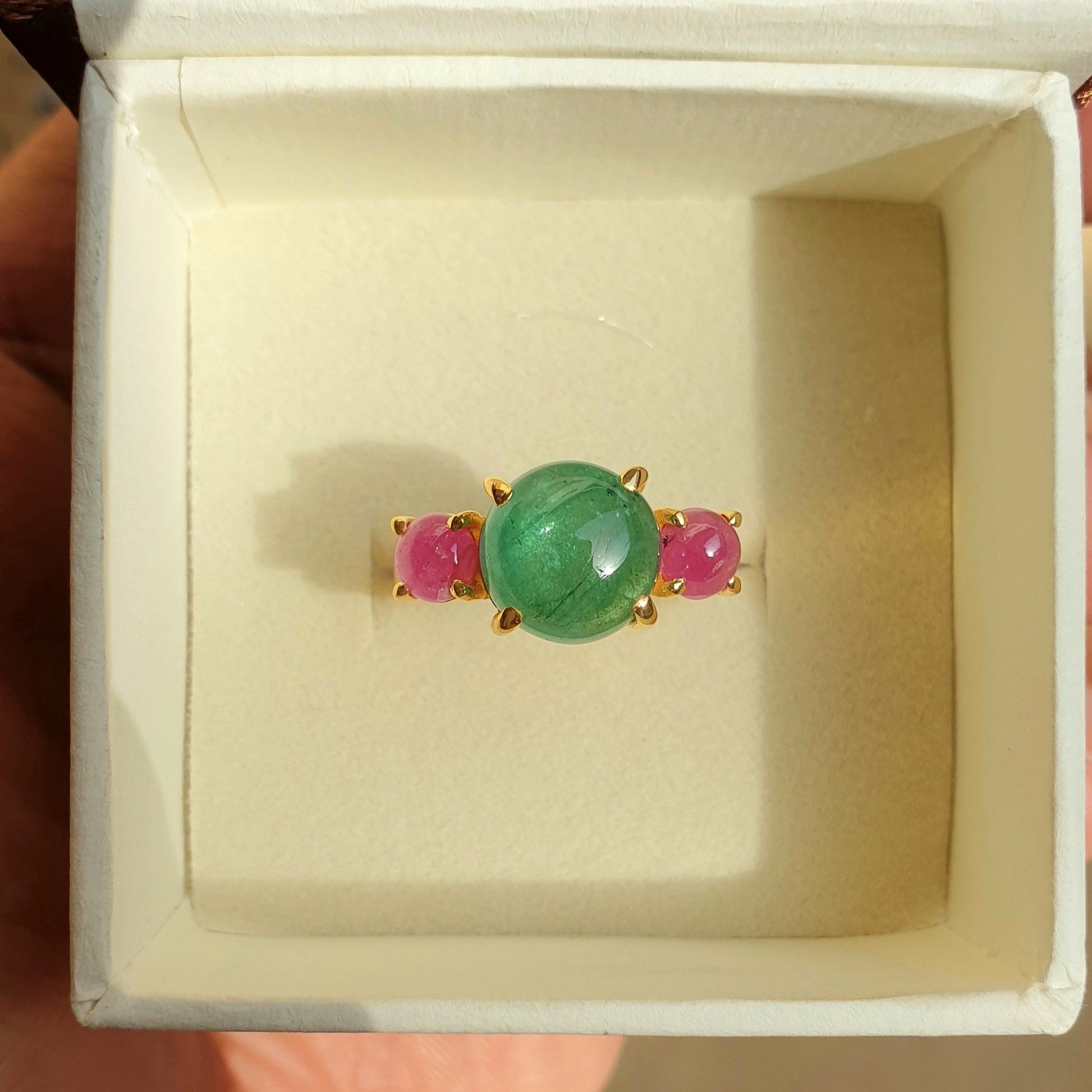 Vintage Emerald Ruby Ring For Women, Antique Emerald Ring, Unique Natural Emerald Cabochon Ring, Multi Gemstone Vintage Ring Gift For Her