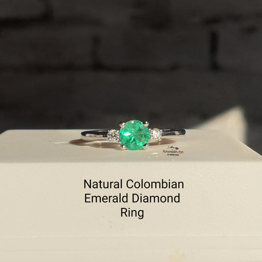 Certified Colombian Emerald Ring With Diamond For Women, AAA Emerald Solitaire Wedding Engagement Ring For Gift, 14k Emerald Stacking Ring