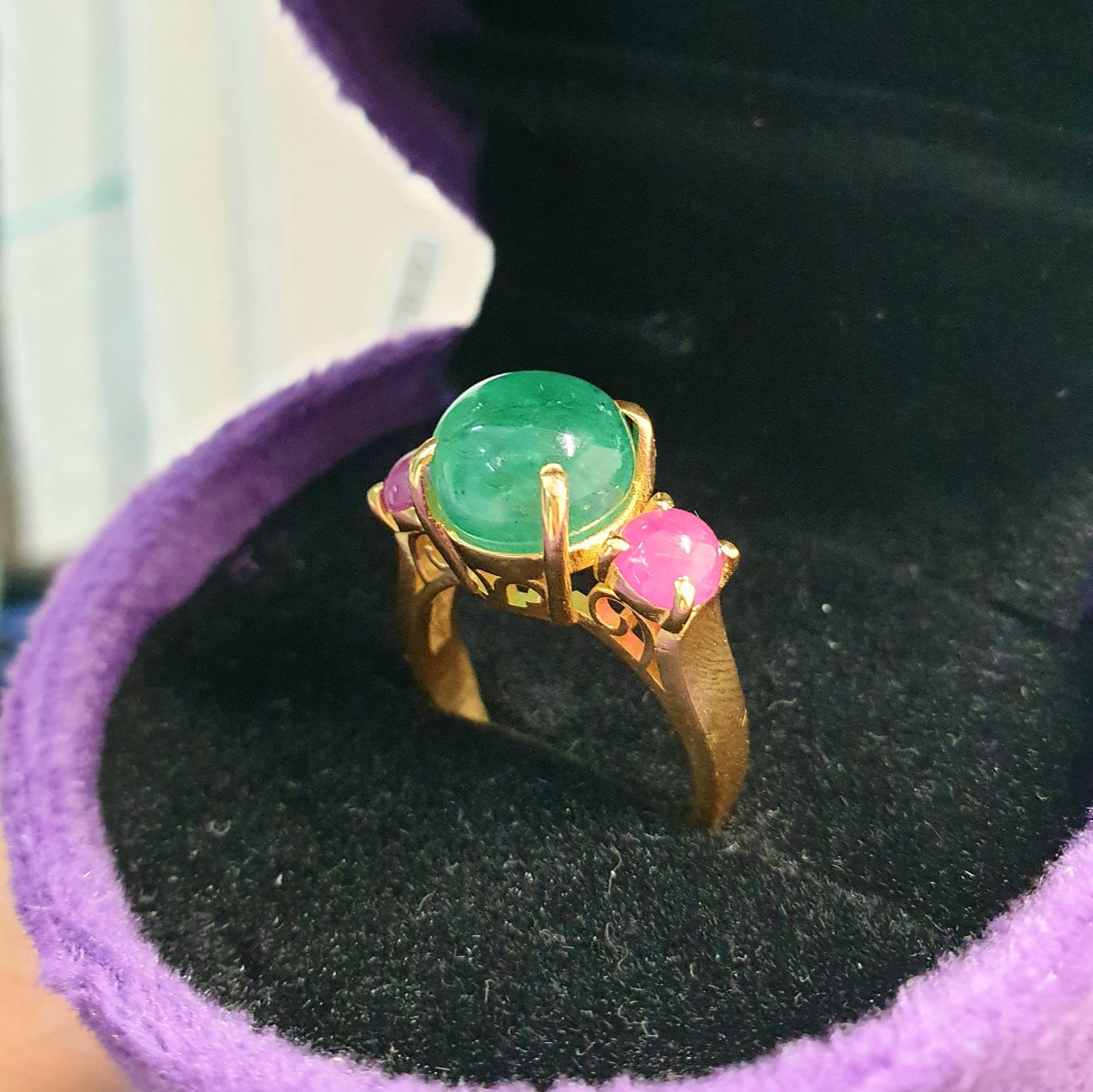 Vintage Emerald Ruby Ring For Women, Antique Emerald Ring, Unique Natural Emerald Cabochon Ring, Multi Gemstone Vintage Ring Gift For Her