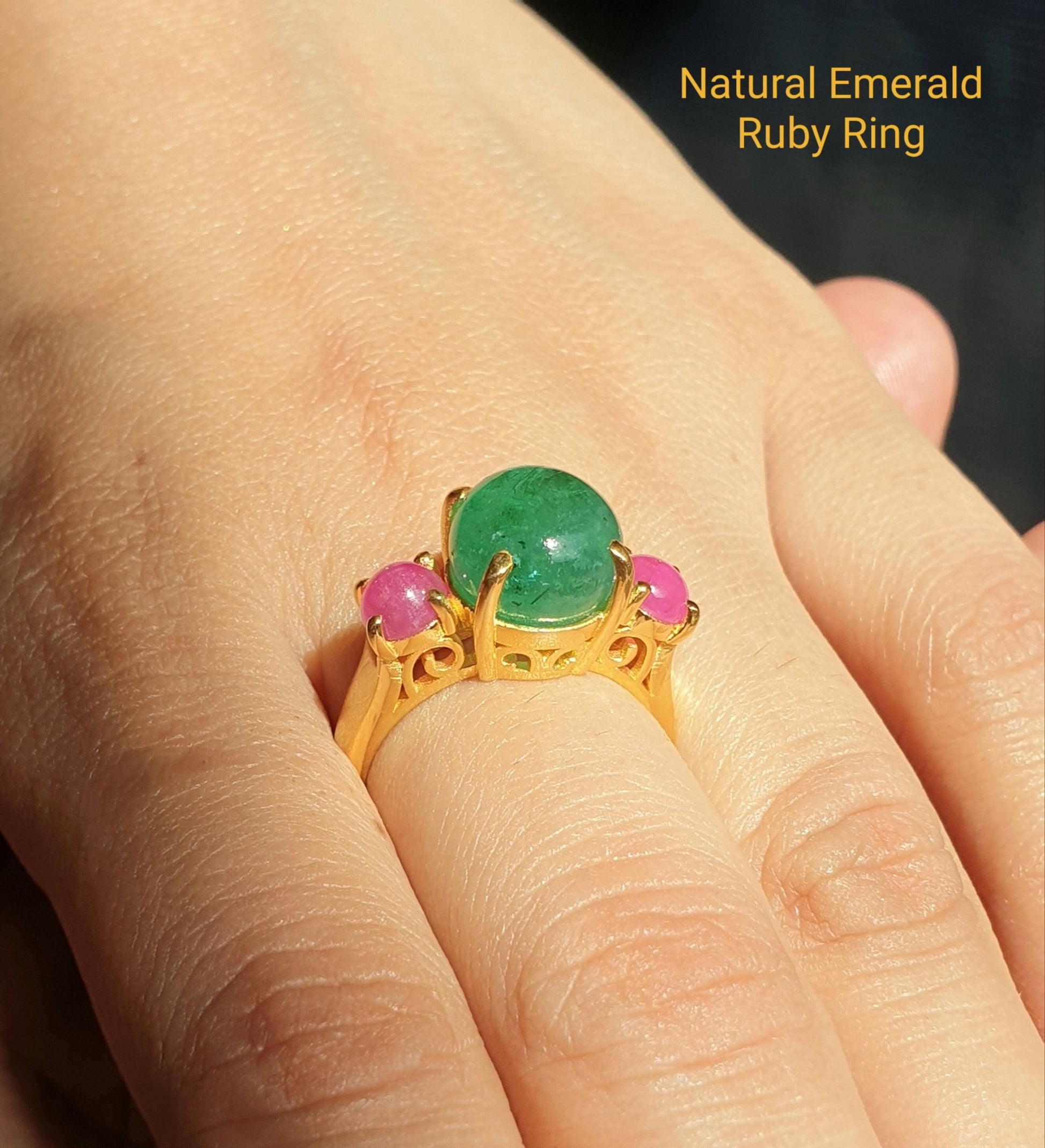Vintage Emerald Ruby Ring For Women, Antique Emerald Ring, Unique Natural Emerald Cabochon Ring, Multi Gemstone Vintage Ring Gift For Her