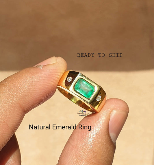 Classic Emerald Cut Gold Ring For Women Emerald Wedding Ring Men Emerald Flush Set Birthstone Ring 14k Signet Emerald Octagon Ring For Gift