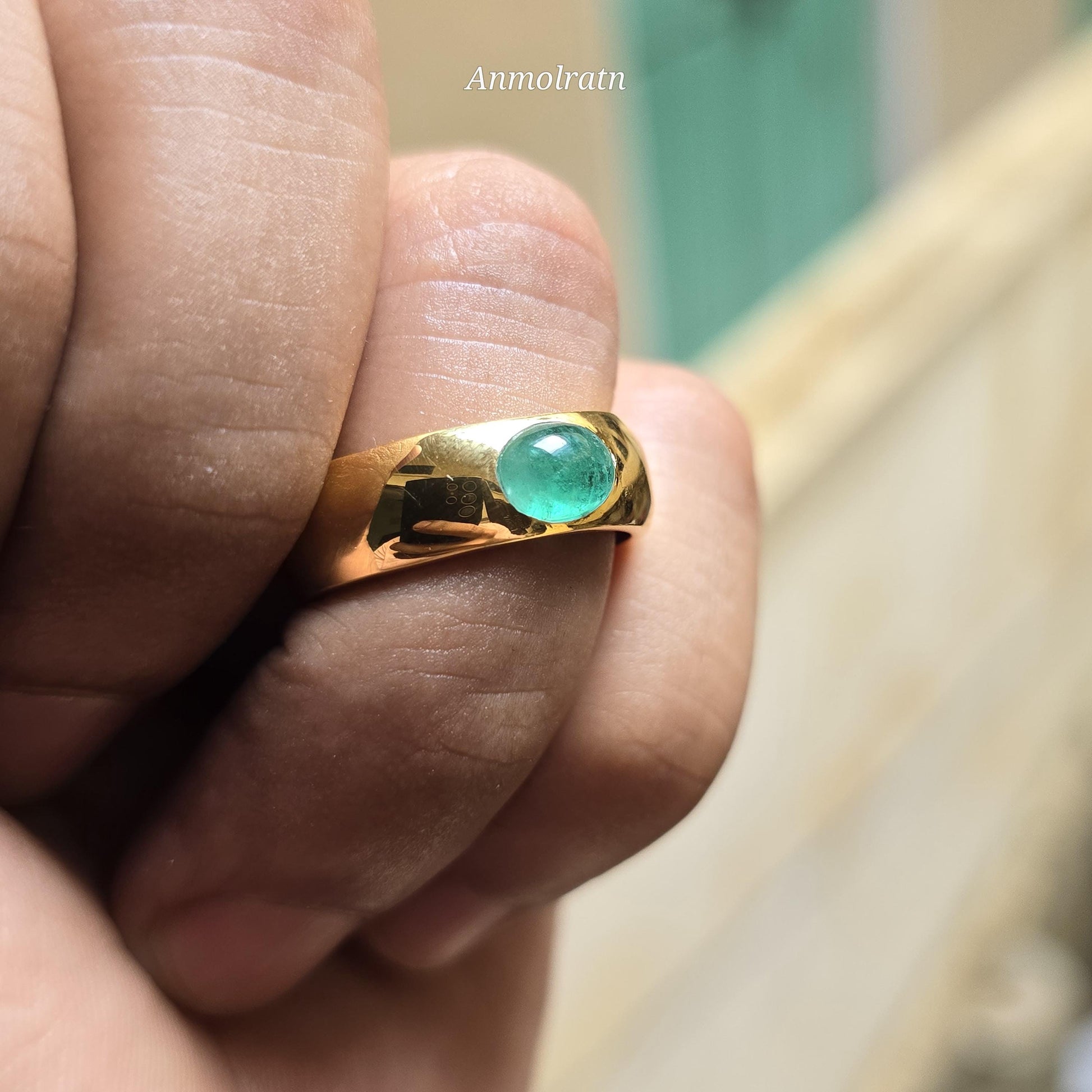 14k Emerald Cabochon Ring Vintage Emerald Gold Ring Dainty Emerald Stacking Band Ring For Gift Green Cabochon Solitaire Birthstone Ring Gift