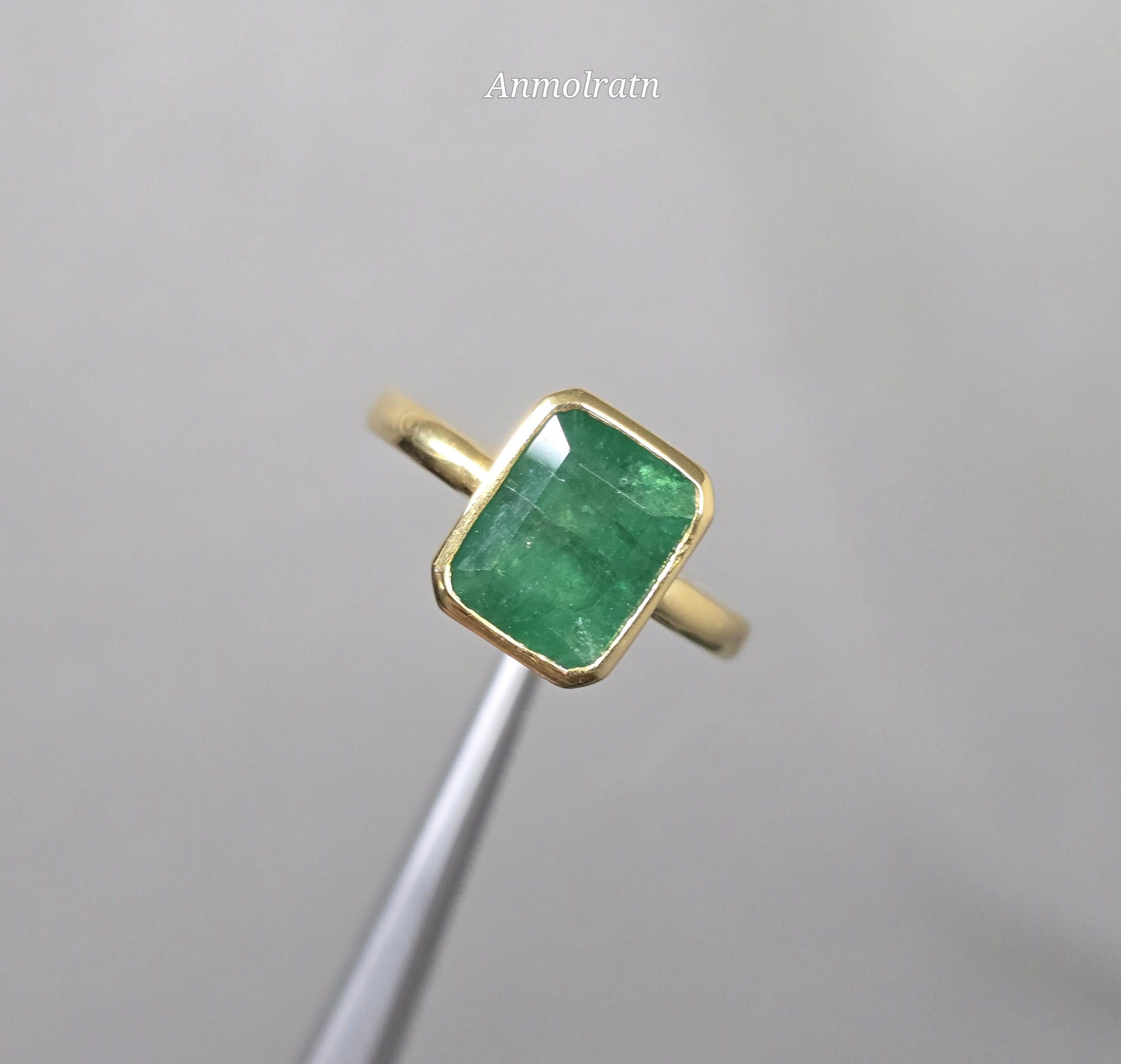Vintage 3.00 Ct Natural Emerald Ring 14k Gold Emerald Cut Emerald Bezel Set Solitaire Ring, Genuine Emerald Stacking Ring For Men & Women