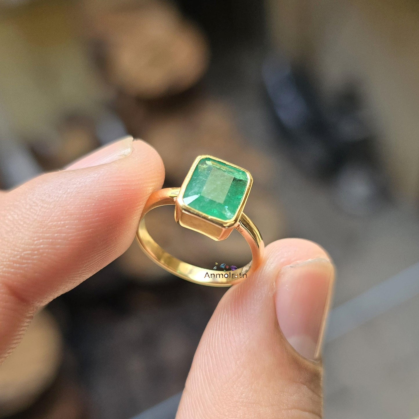 Vintage 3.00 Ct Natural Emerald Ring 14k Gold Emerald Cut Emerald Bezel Set Solitaire Ring, Genuine Emerald Stacking Ring For Men & Women