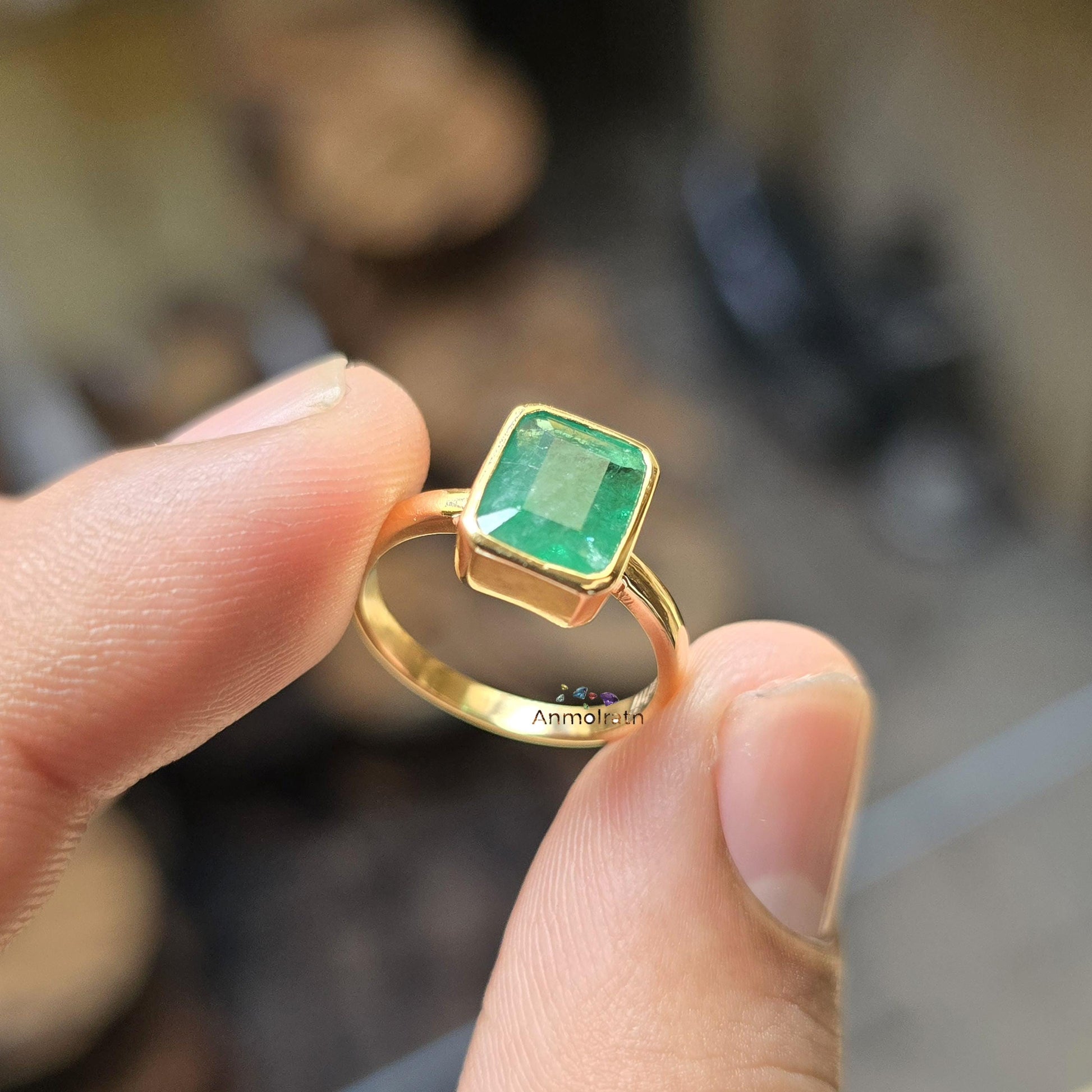 Vintage 3.00 Ct Natural Emerald Ring 14k Gold Emerald Cut Emerald Bezel Set Solitaire Ring, Genuine Emerald Stacking Ring For Men & Women