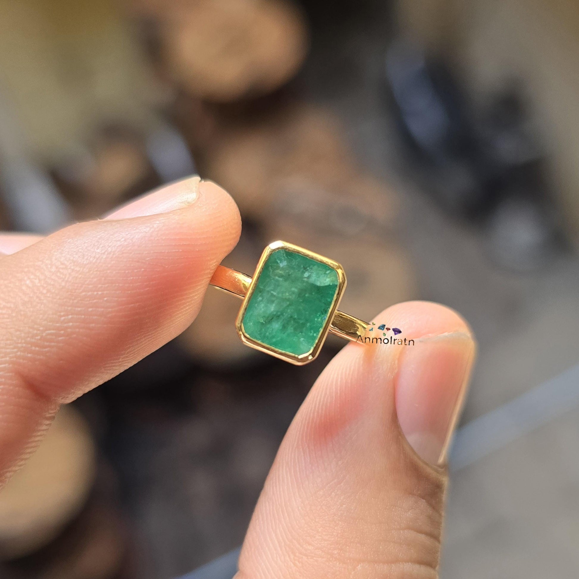 Vintage 3.00 Ct Natural Emerald Ring 14k Gold Emerald Cut Emerald Bezel Set Solitaire Ring, Genuine Emerald Stacking Ring For Men & Women
