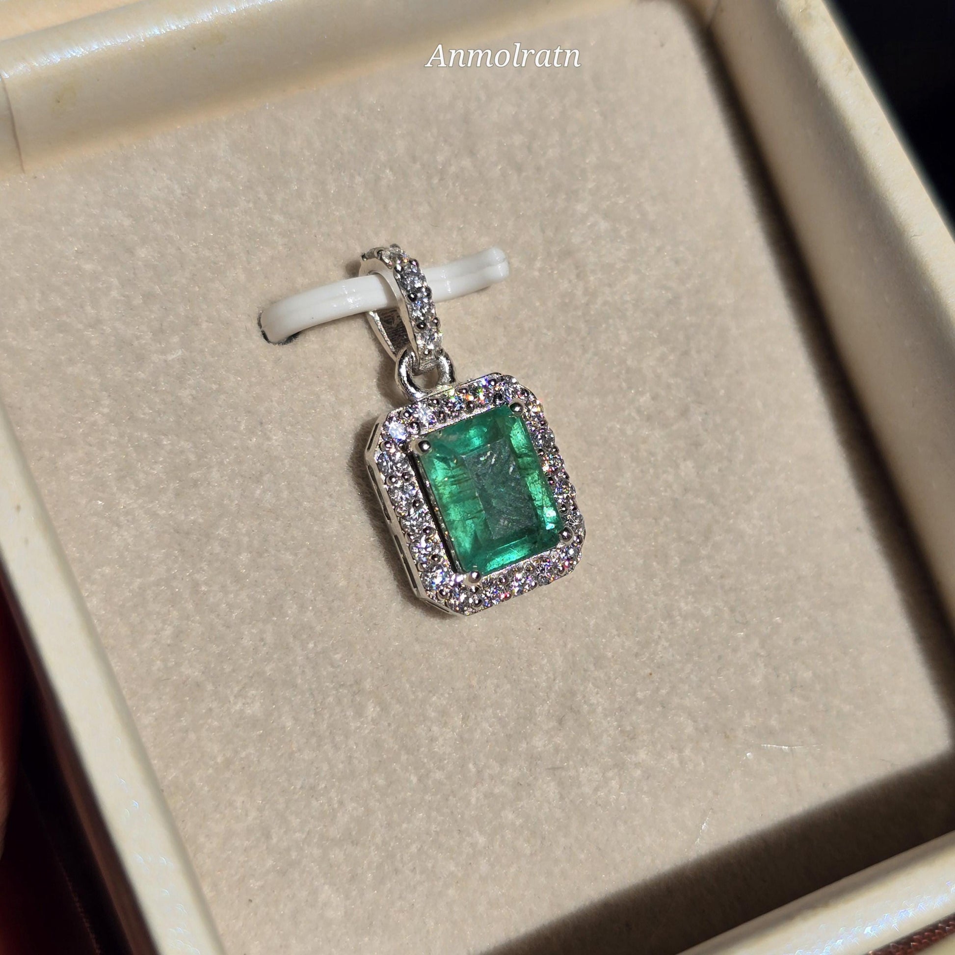 Vivid Green Emerald Solitaire Pendant For Women 14k Natural Emerald Cut Halo Pendant Daily Wear Emerald Octagon Pendant Necklace For Gift