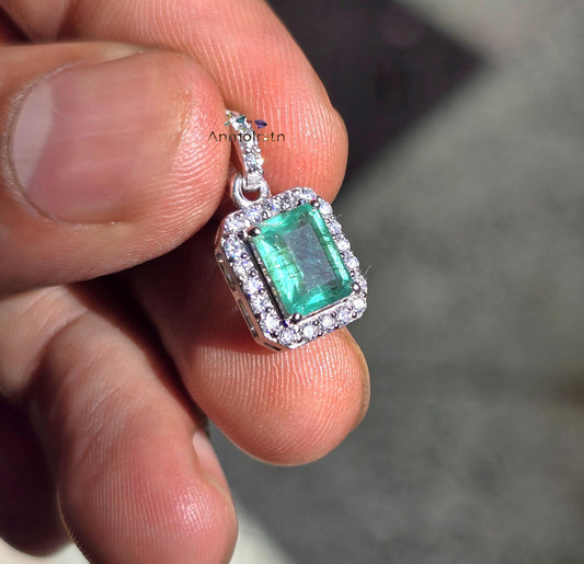 Vivid Green Emerald Solitaire Pendant For Women 14k Natural Emerald Cut Halo Pendant Daily Wear Emerald Octagon Pendant Necklace For Gift