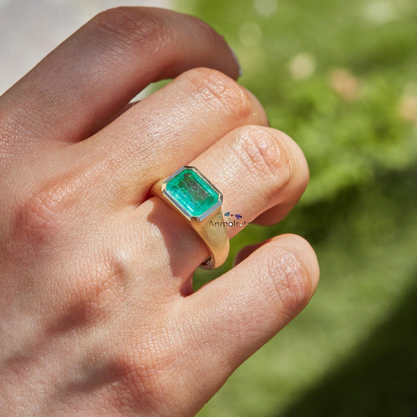 Vivid Green Natural Emerald Gold Ring 2.15Ct Solitaire Emerald Ring Dainty Emerald Birthstone Ring Octagon Emerald Cut Bezel Set Ring Gift