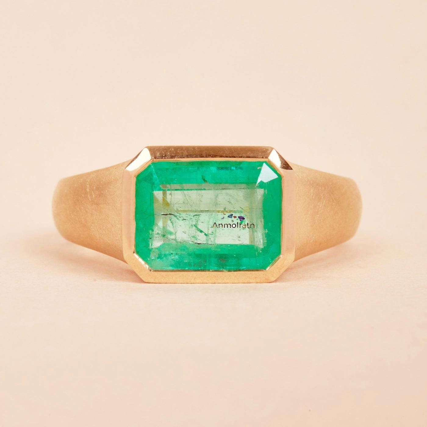 Vivid Green Natural Emerald Gold Ring 2.15Ct Solitaire Emerald Ring Dainty Emerald Birthstone Ring Octagon Emerald Cut Bezel Set Ring Gift