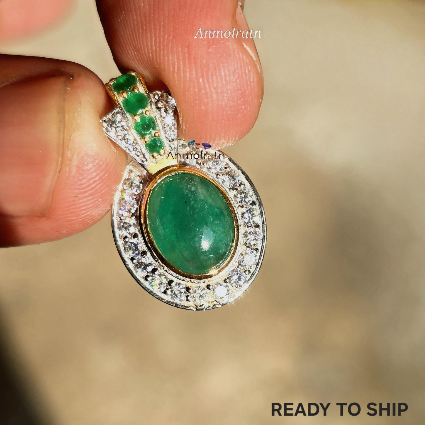 Emerald Cabochon Pendant For Men & Women, Oval Emerald Cluster Pendant Gift For Her, 4CT Emerald Solitaire Birthstone Dainty Pendant Silver