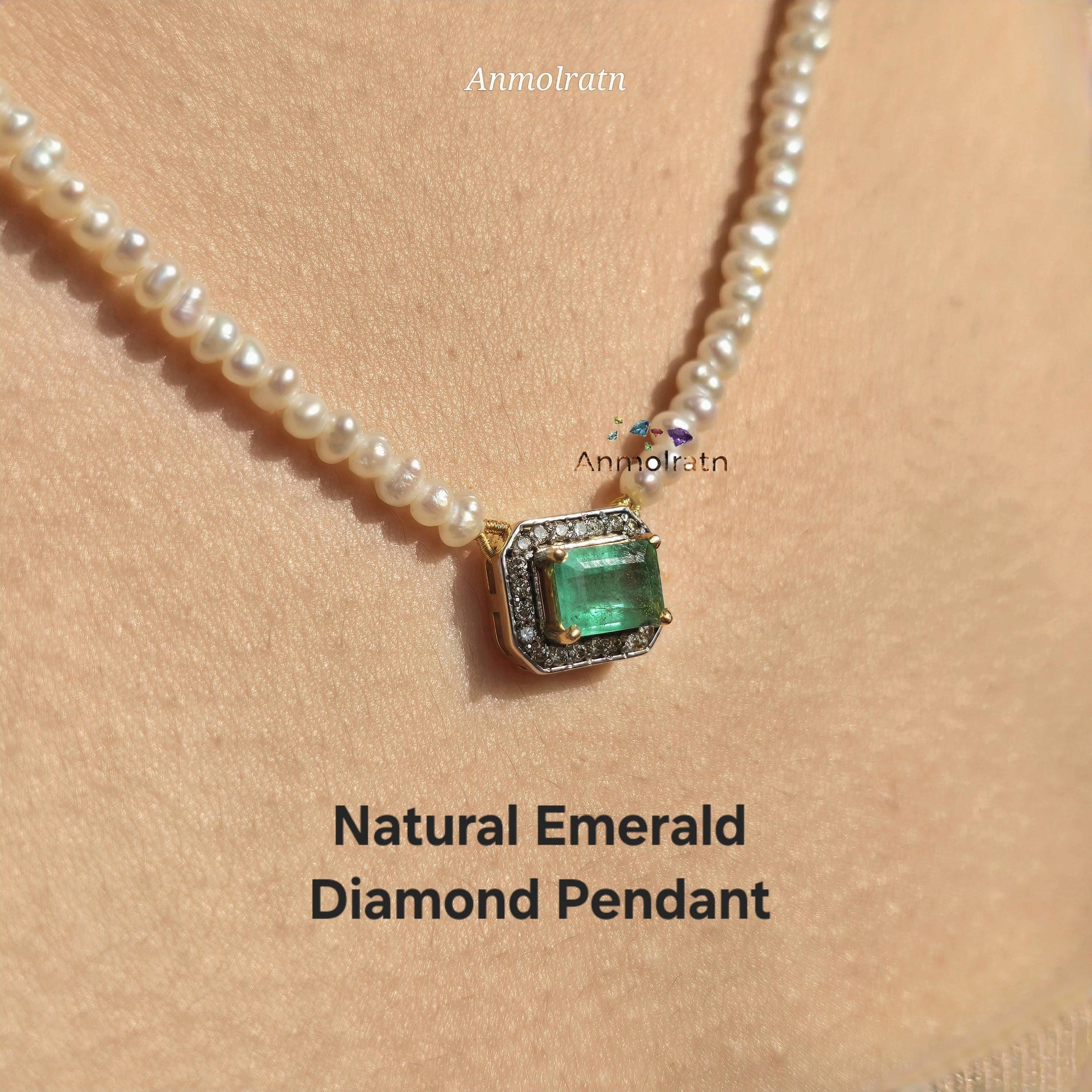 Emerald Cut Pendant For Women, Bright Green Emerald Cluster Solitaire Pendant, 14k Dainty Emerald Diamond Halo Pendant Necklace Gift For Her