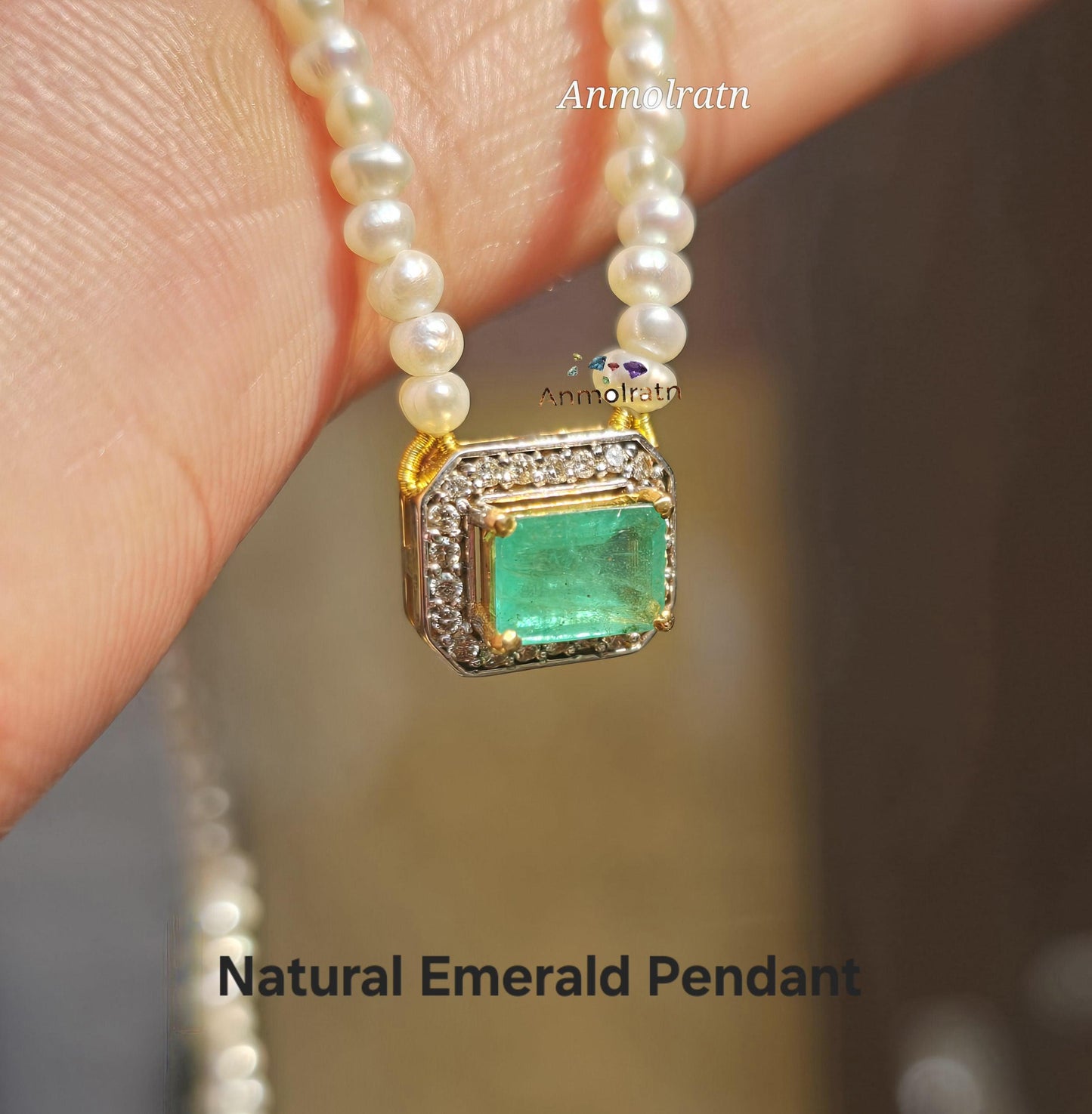 Emerald Cut Pendant For Women, Bright Green Emerald Cluster Solitaire Pendant, 14k Dainty Emerald Diamond Halo Pendant Necklace Gift For Her