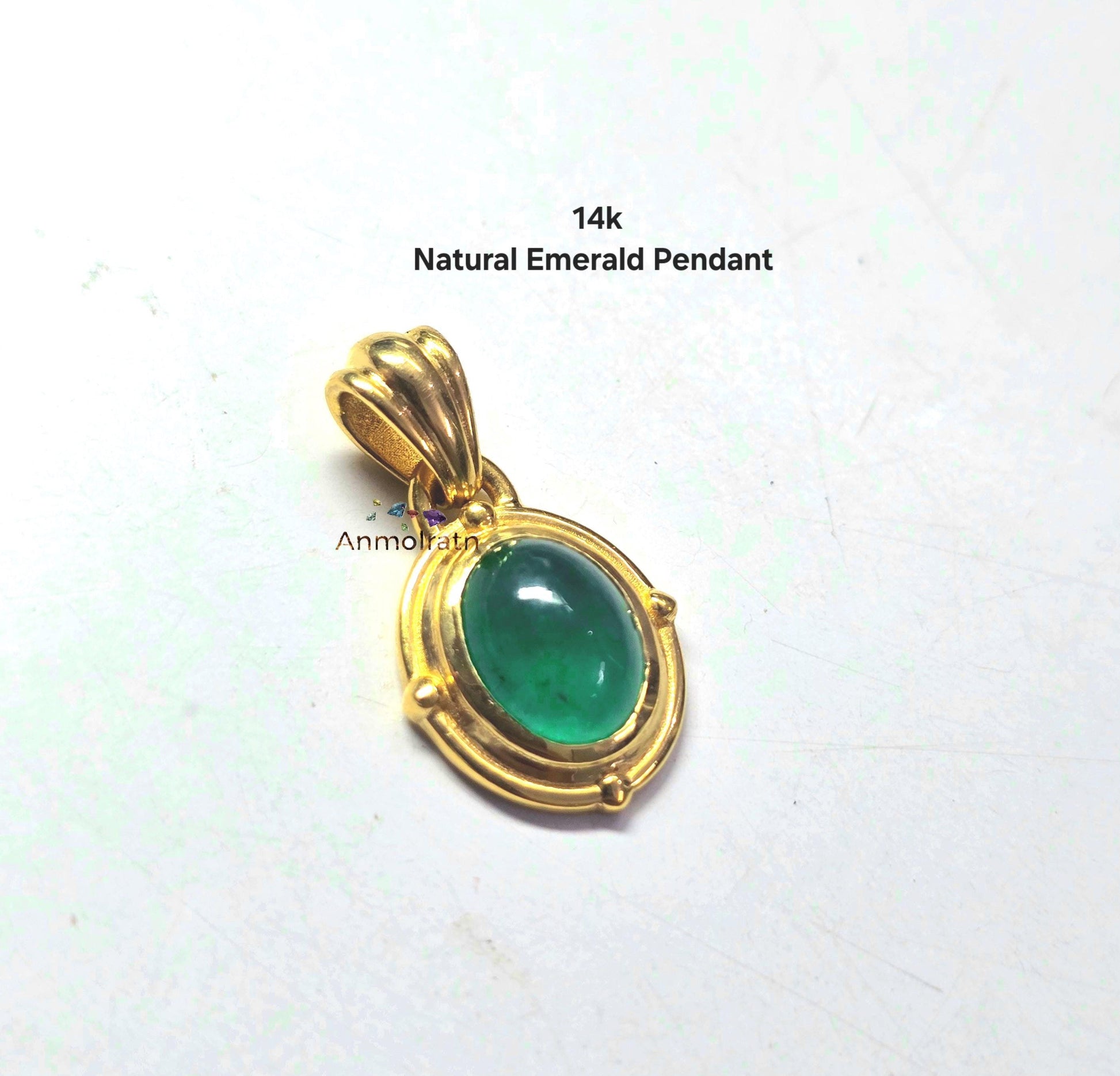 14k Emerald Pendant For Men & Women, 5Ct Top Green Emerald Solitaire Pendant For Gift, Bezel Set Dainty Emerald Cabochon Birthstone Pendant