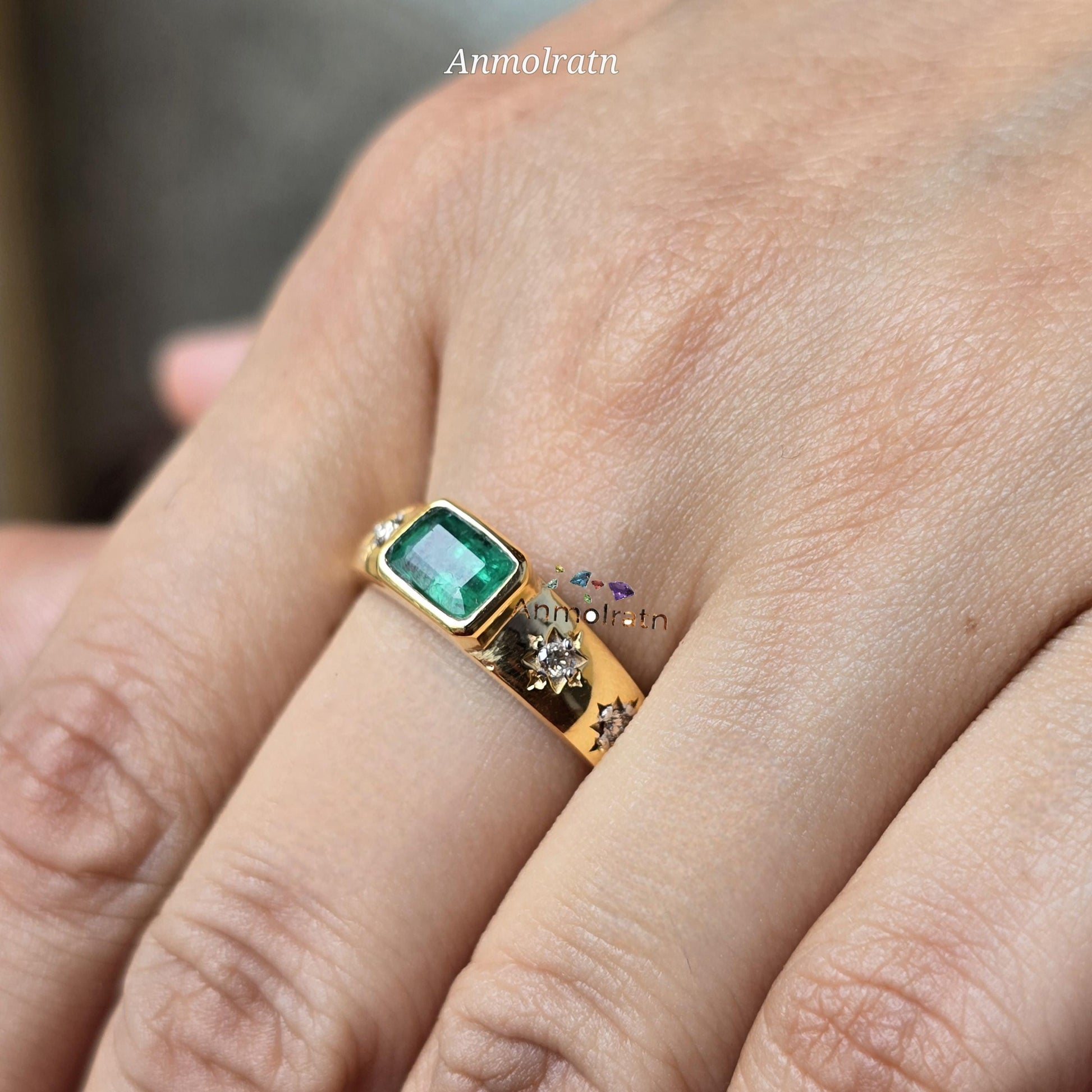Vintage Natural Emerald Ring 14k Gold Emerald Cut Emerald Bezel Set Solitaire Ring With Diamond, Genuine Emerald Stacking Ring Gift For Her