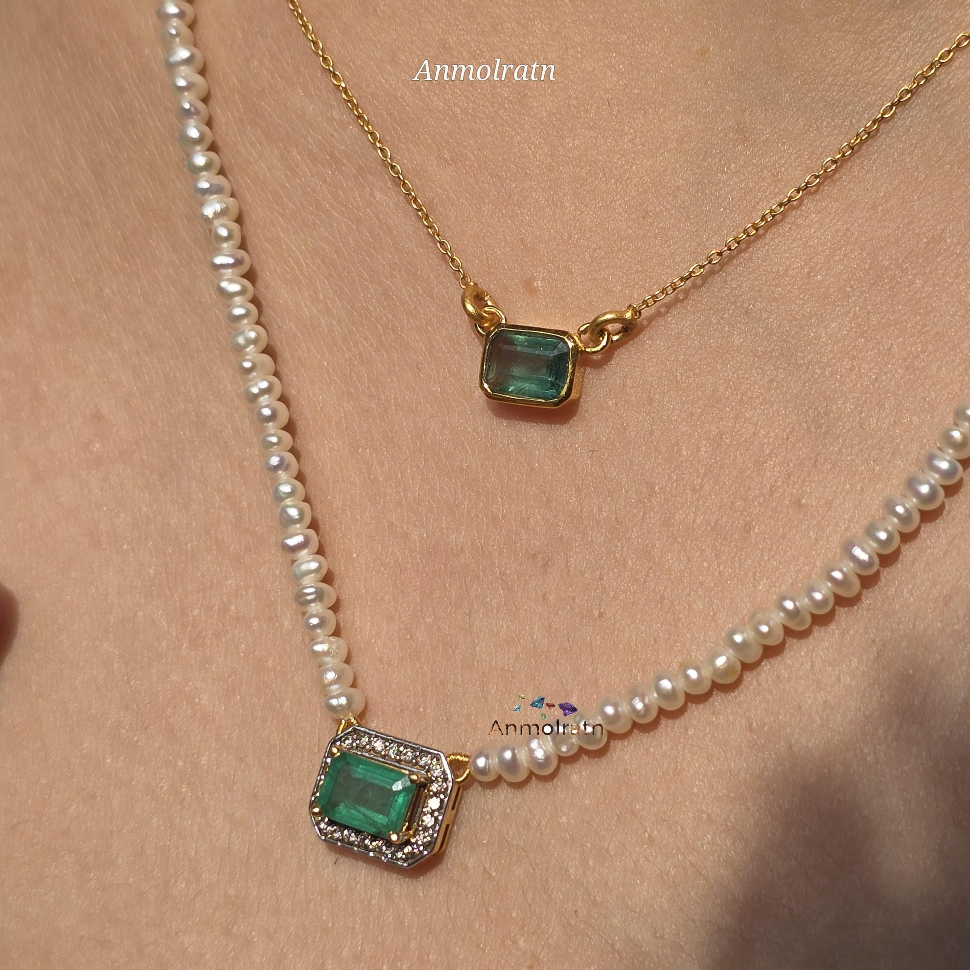 Emerald Cut Pendant For Women, Bright Green Emerald Cluster Solitaire Pendant, 14k Dainty Emerald Diamond Halo Pendant Necklace Gift For Her