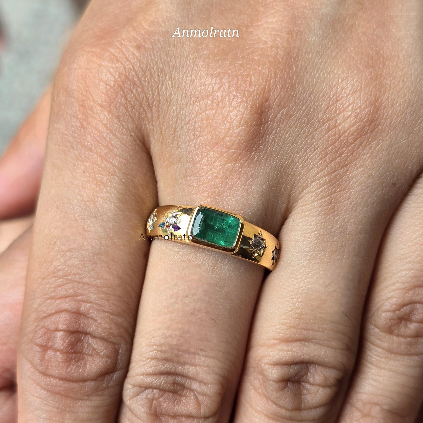 Vintage Natural Emerald Ring 14k Gold Emerald Cut Emerald Bezel Set Solitaire Ring With Diamond, Genuine Emerald Stacking Ring Gift For Her