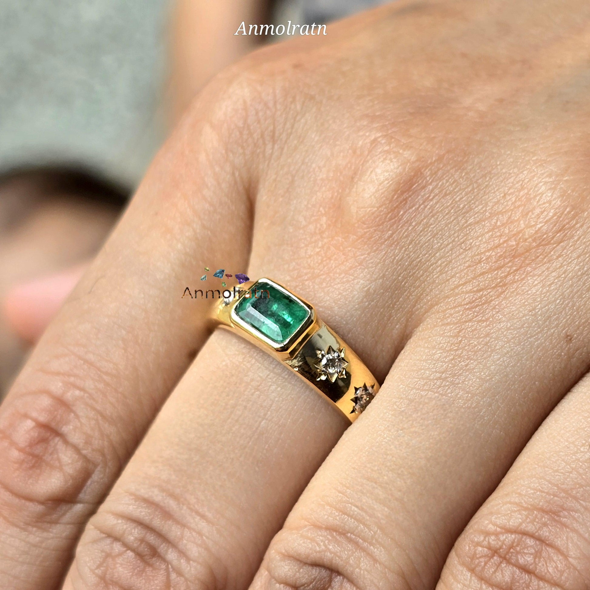 Vintage Natural Emerald Ring 14k Gold Emerald Cut Emerald Bezel Set Solitaire Ring With Diamond, Genuine Emerald Stacking Ring Gift For Her