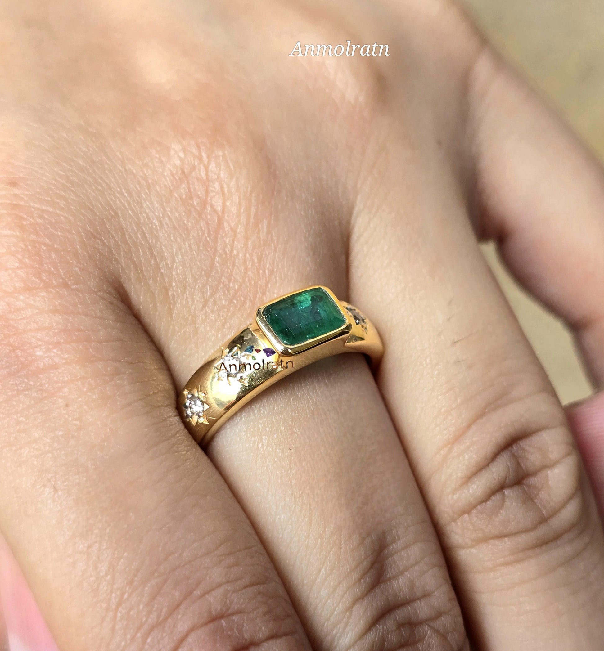 Vintage Natural Emerald Ring 14k Gold Emerald Cut Emerald Bezel Set Solitaire Ring With Diamond, Genuine Emerald Stacking Ring Gift For Her