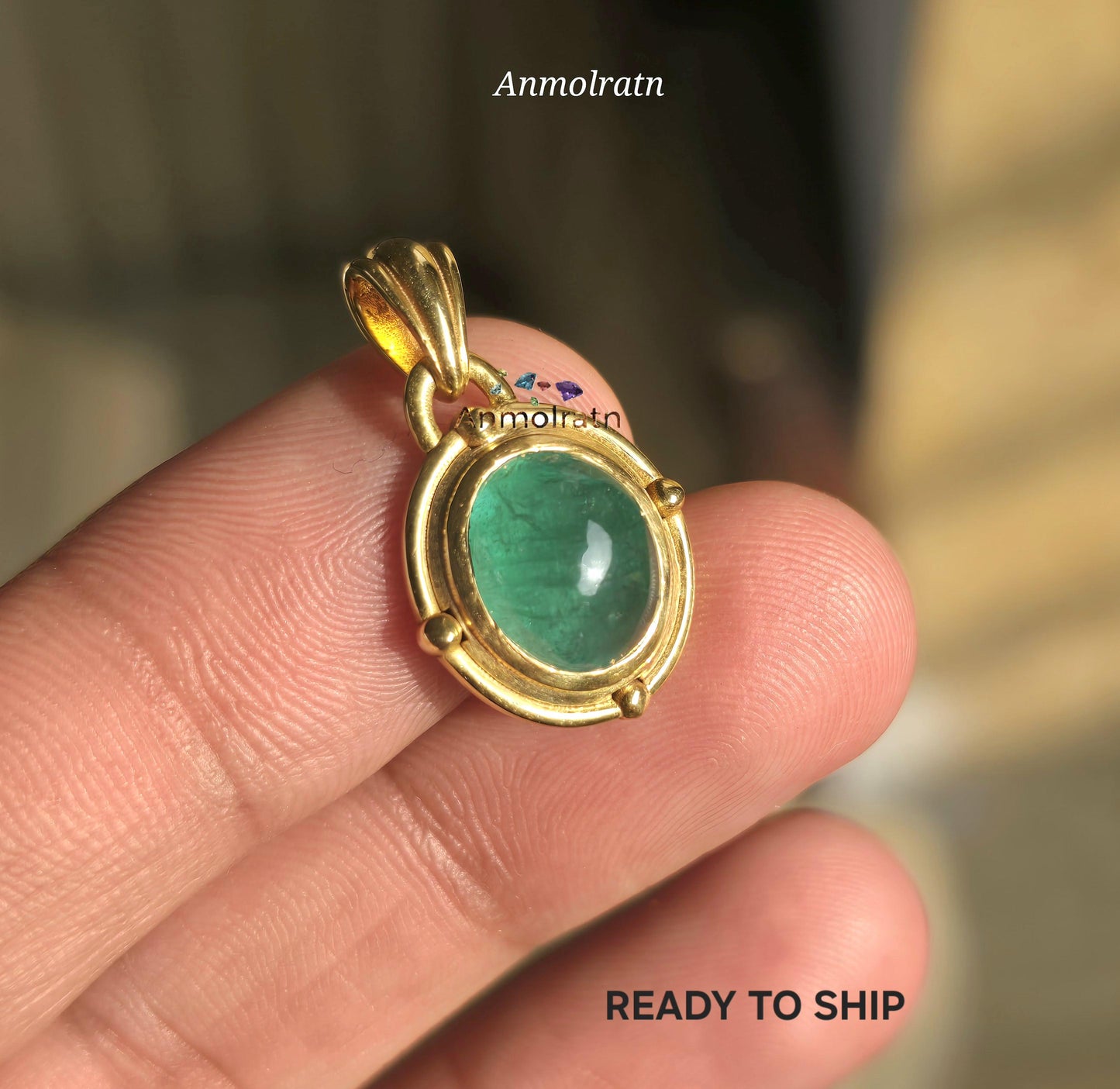 14k Emerald Pendant For Men & Women, 5Ct Top Green Emerald Solitaire Pendant For Gift, Bezel Set Dainty Emerald Cabochon Birthstone Pendant