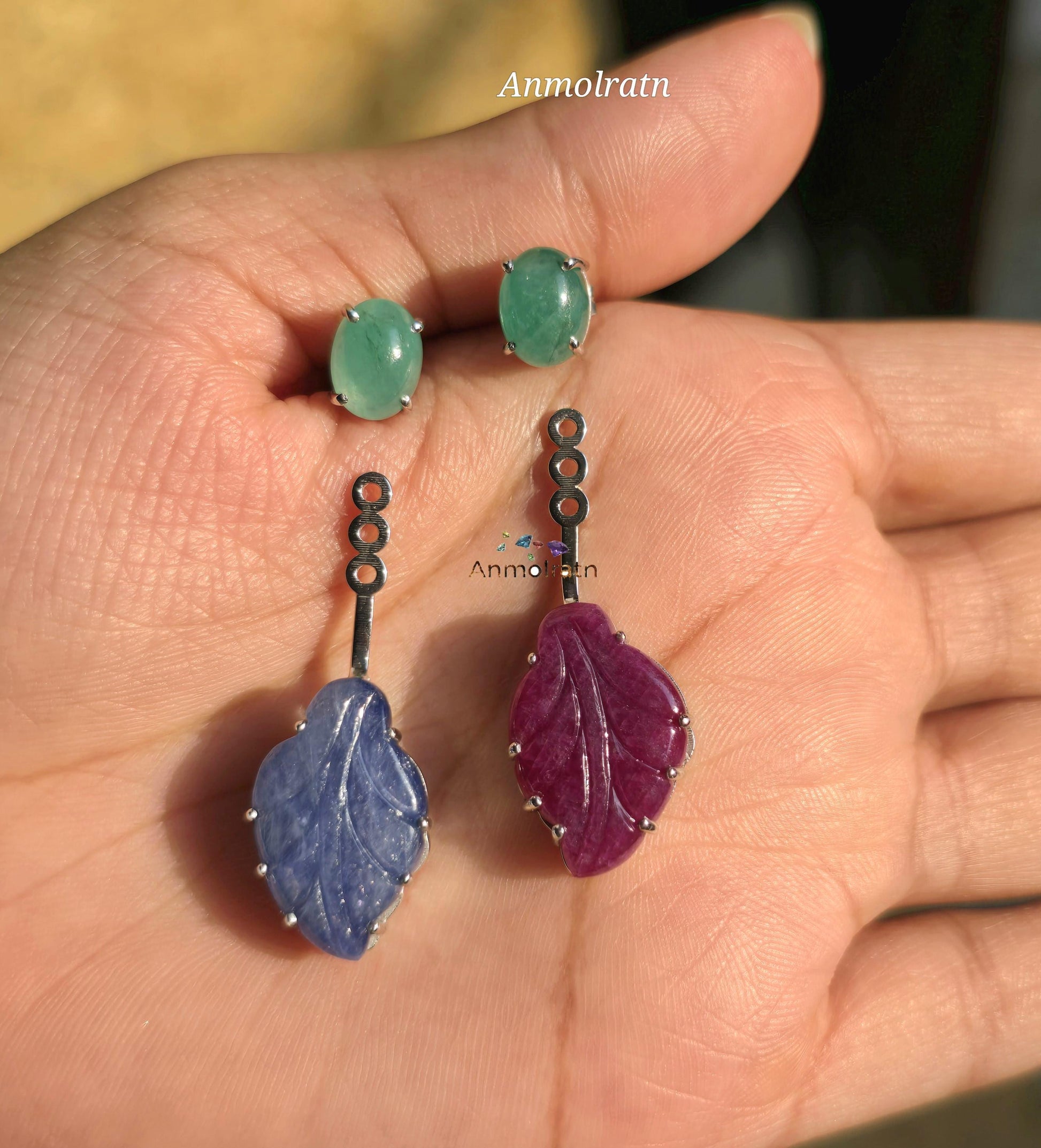 Emerald Ruby Earring, Multi Gemstone Earring, Gemstone Danglers, Emerald Sapphire Ruby Earring, Detachable Stud Earring, Long Earrings Women