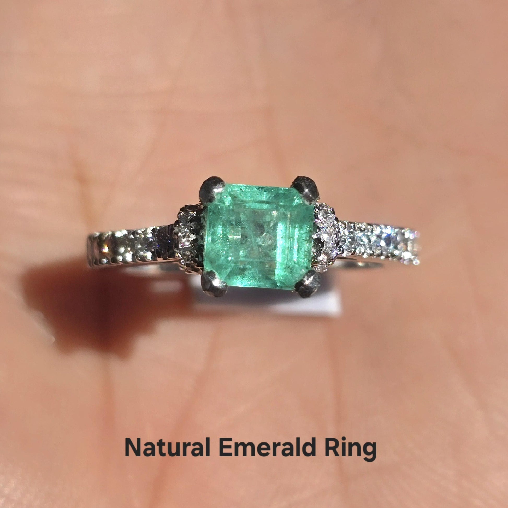Pinky Emerald Wedding Ring For Women, Bright Green Natural Emerald Cut Solitaire Stacking Ring, Square Cut Emerald Octagon Silver Ring Gift