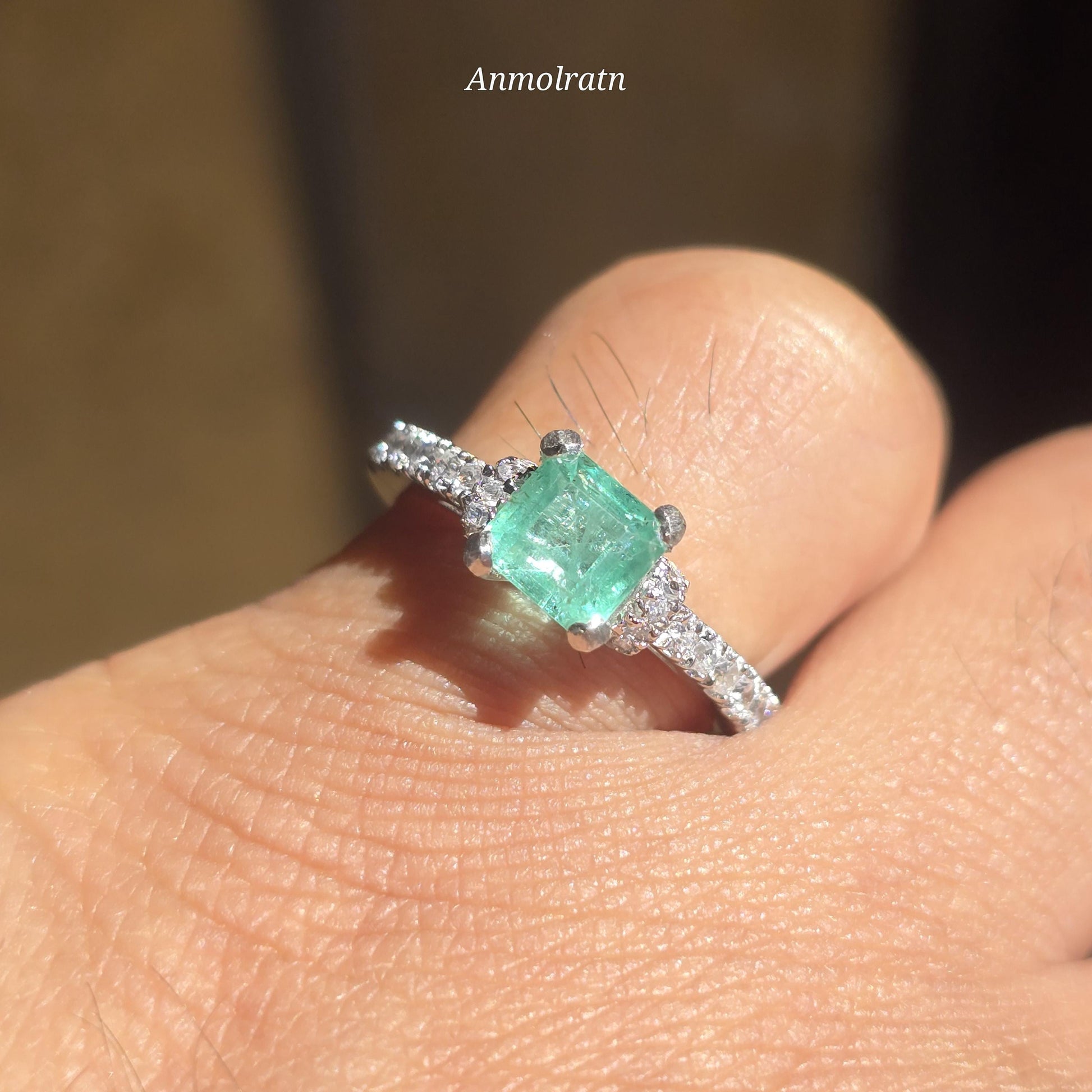 Pinky Emerald Wedding Ring For Women, Bright Green Natural Emerald Cut Solitaire Stacking Ring, Square Cut Emerald Octagon Silver Ring Gift