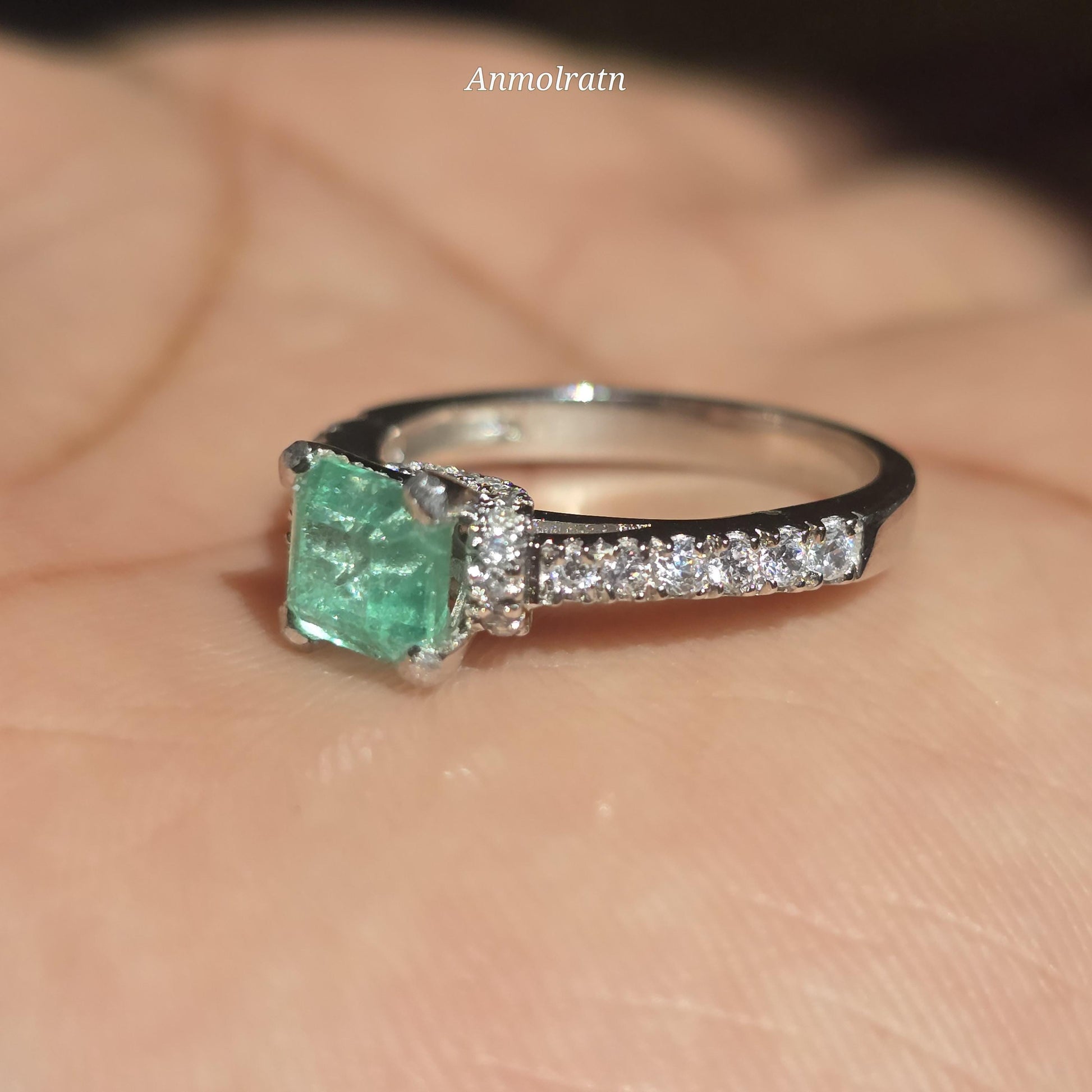Pinky Emerald Wedding Ring For Women, Bright Green Natural Emerald Cut Solitaire Stacking Ring, Square Cut Emerald Octagon Silver Ring Gift