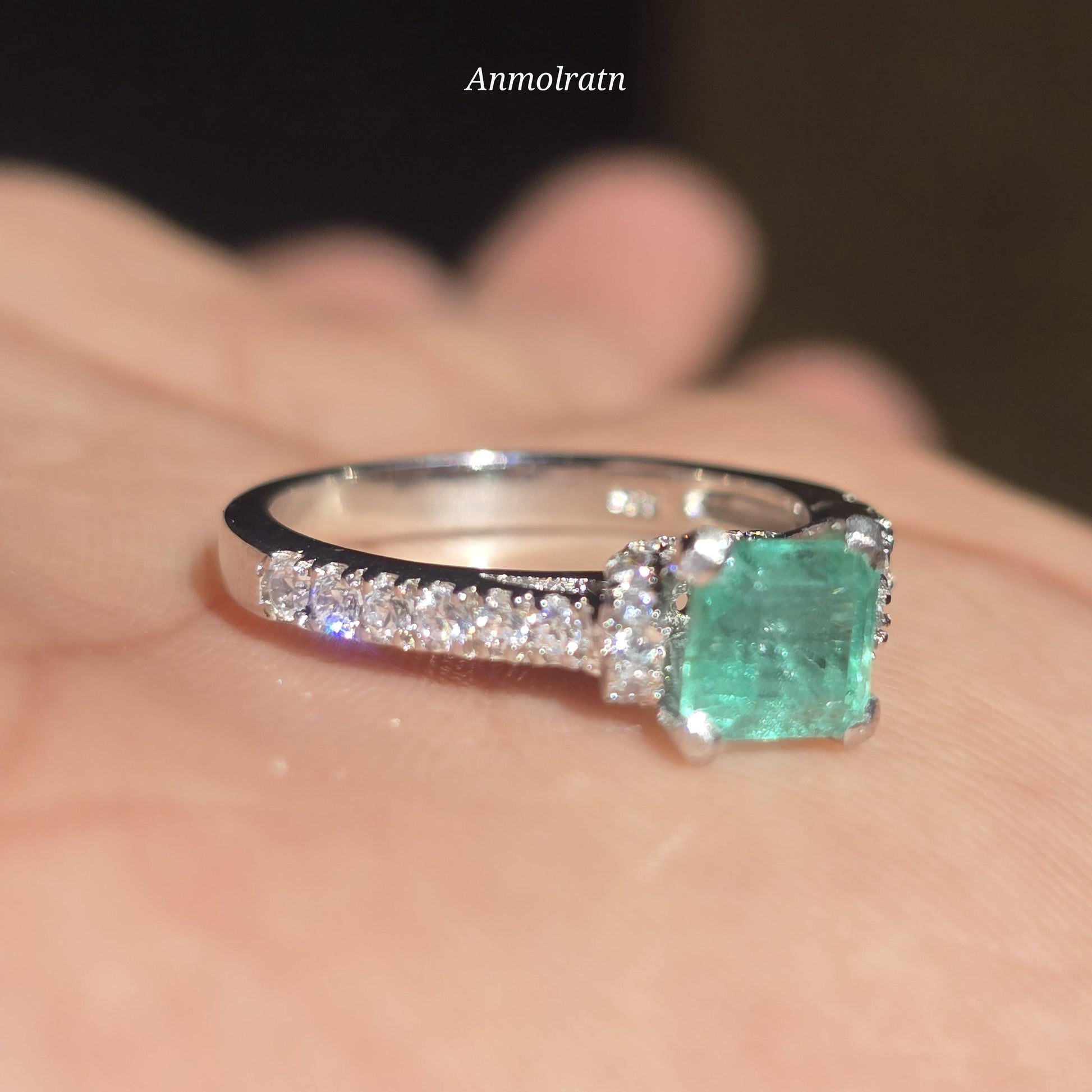Pinky Emerald Wedding Ring For Women, Bright Green Natural Emerald Cut Solitaire Stacking Ring, Square Cut Emerald Octagon Silver Ring Gift