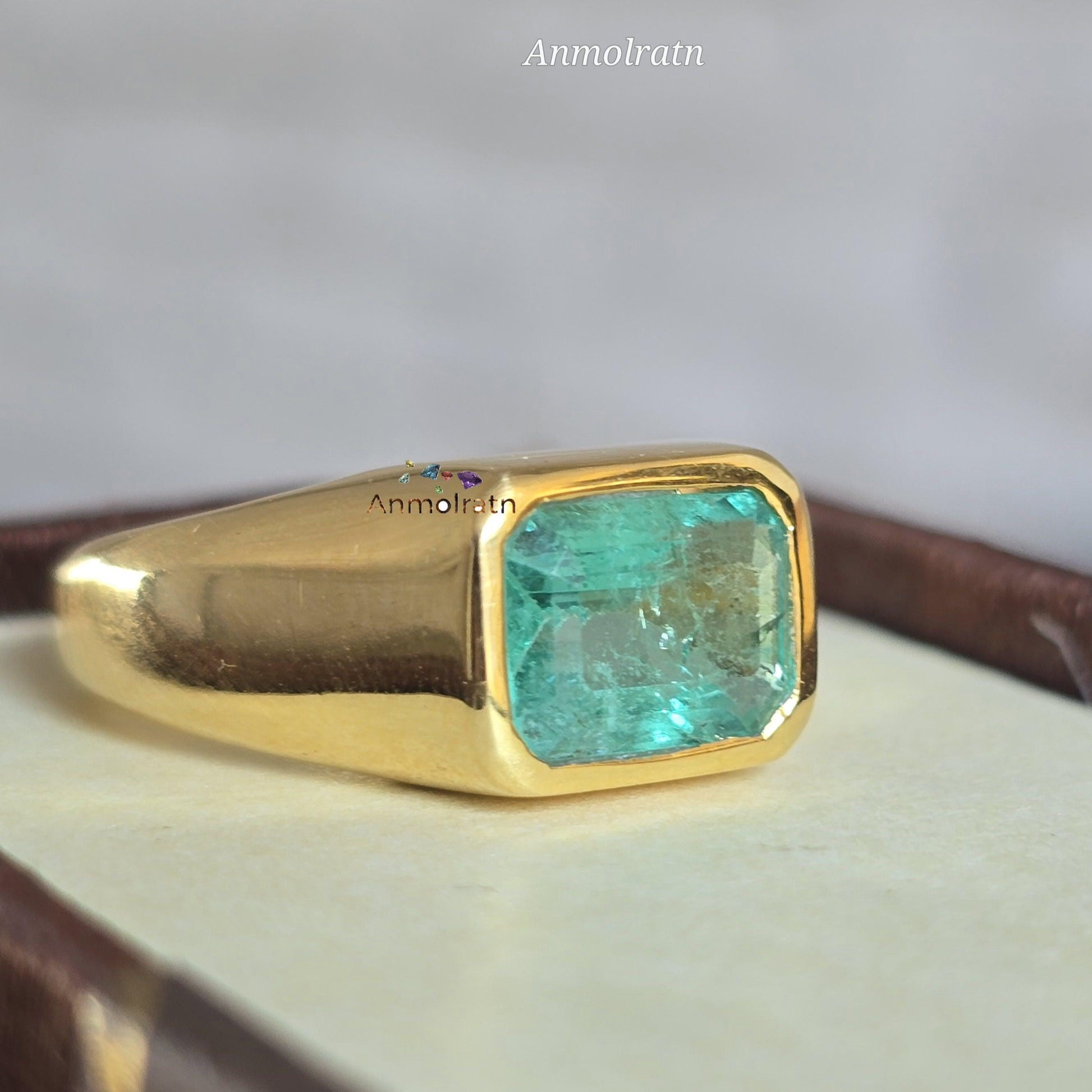 Vivid Green Natural Emerald Gold Ring 2.15Ct Solitaire Emerald Ring Dainty Emerald Birthstone Ring Octagon Emerald Cut Bezel Set Ring Gift