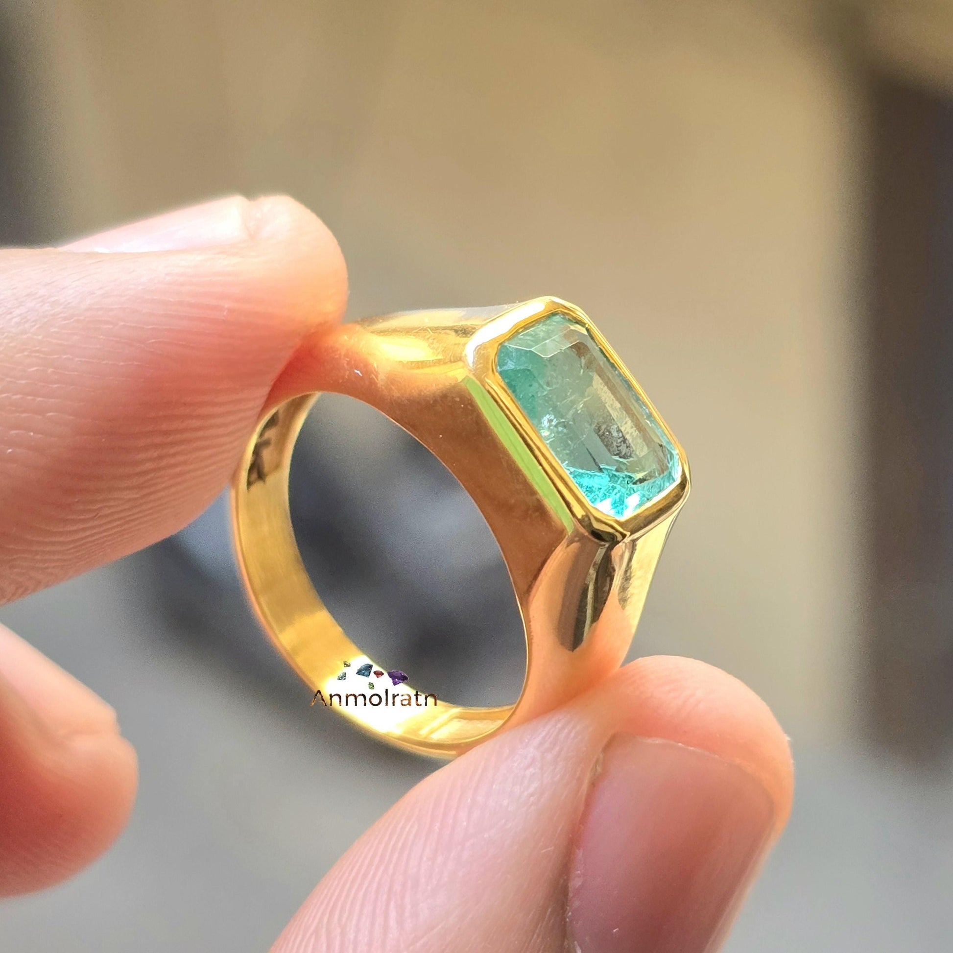 Vivid Green Natural Emerald Gold Ring 2.15Ct Solitaire Emerald Ring Dainty Emerald Birthstone Ring Octagon Emerald Cut Bezel Set Ring Gift