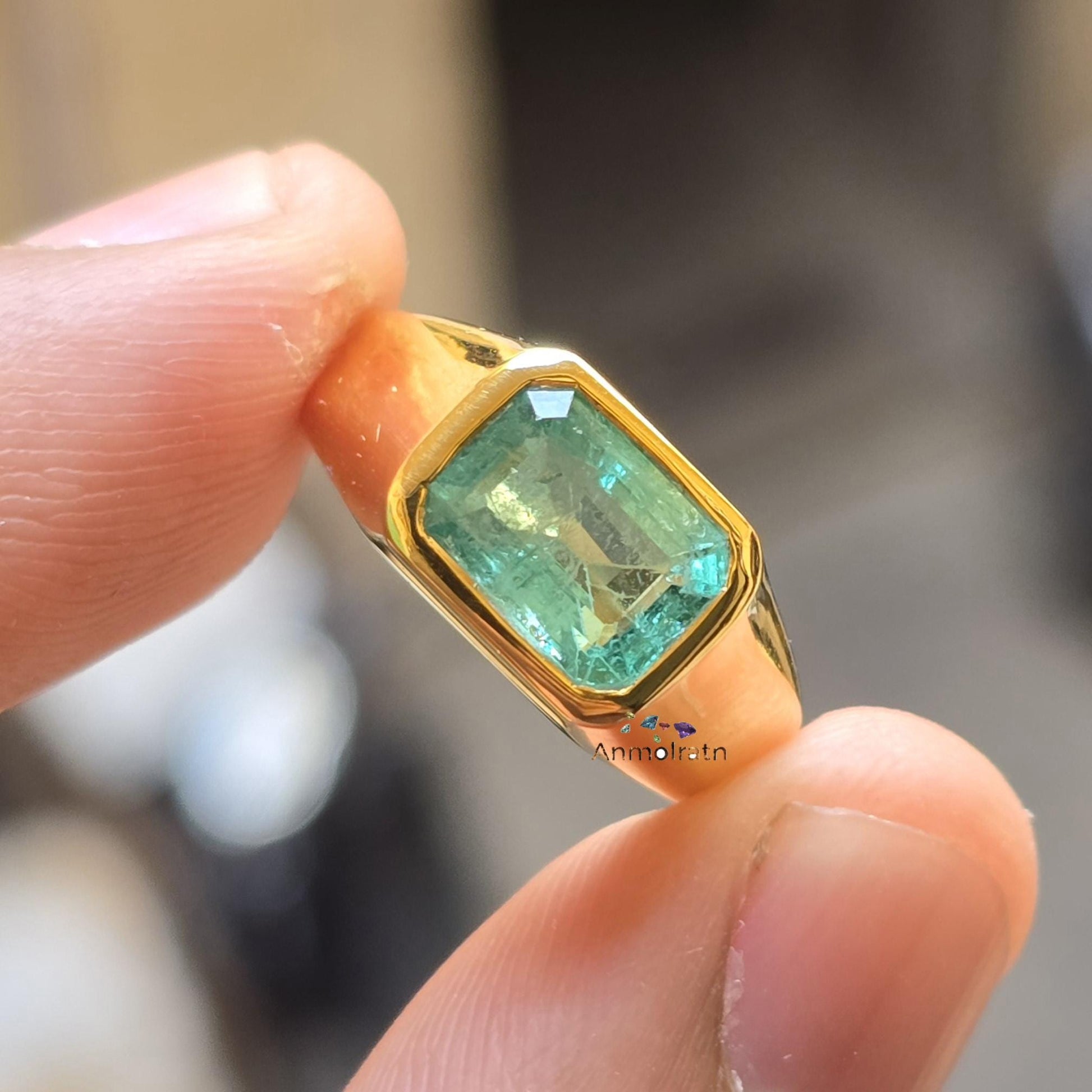 Vivid Green Natural Emerald Gold Ring 2.15Ct Solitaire Emerald Ring Dainty Emerald Birthstone Ring Octagon Emerald Cut Bezel Set Ring Gift