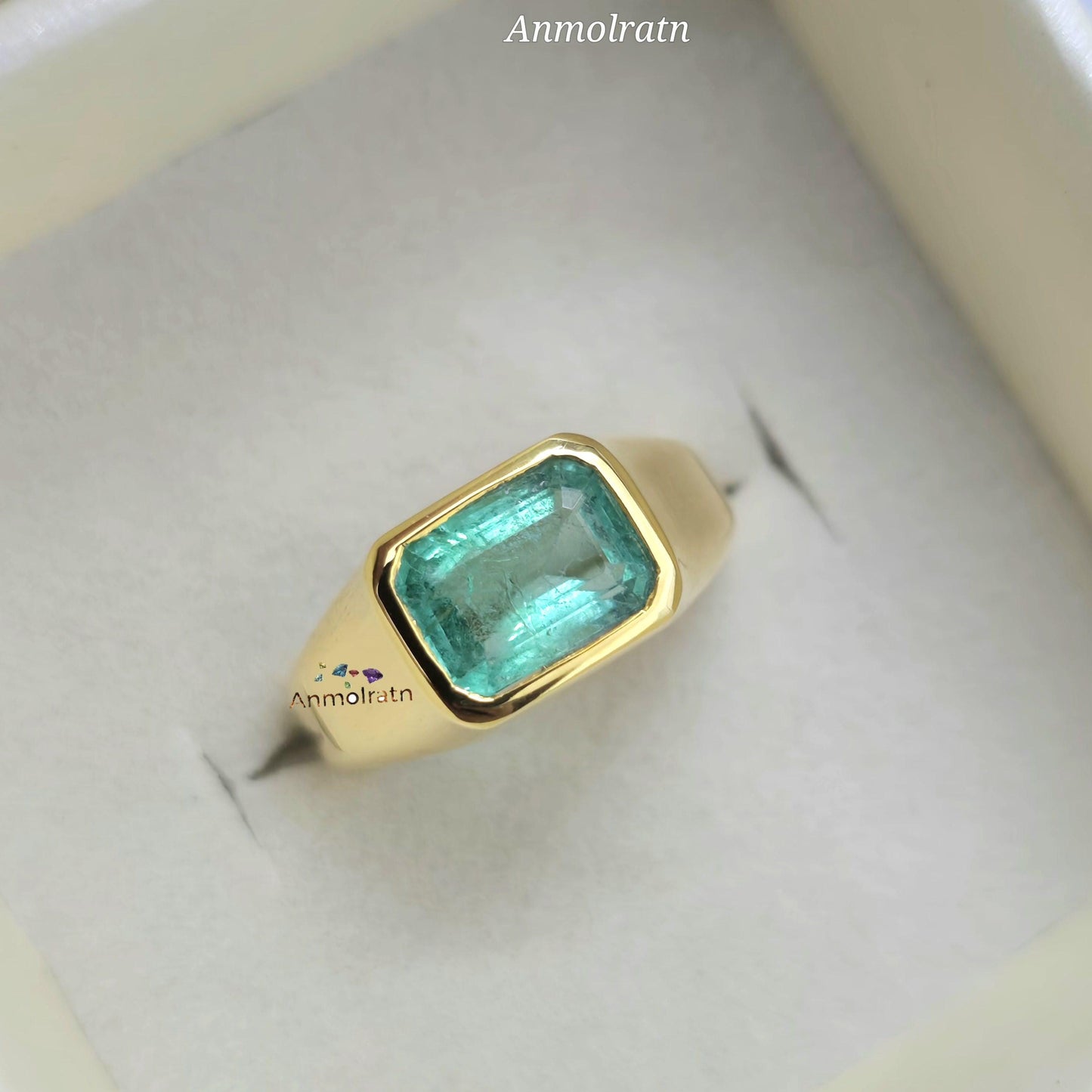 Vivid Green Natural Emerald Gold Ring 2.15Ct Solitaire Emerald Ring Dainty Emerald Birthstone Ring Octagon Emerald Cut Bezel Set Ring Gift