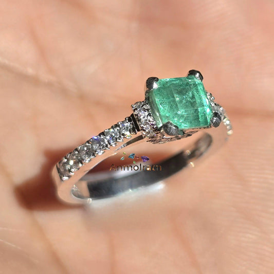 Pinky Emerald Wedding Ring For Women, Bright Green Natural Emerald Cut Solitaire Stacking Ring, Square Cut Emerald Octagon Silver Ring Gift