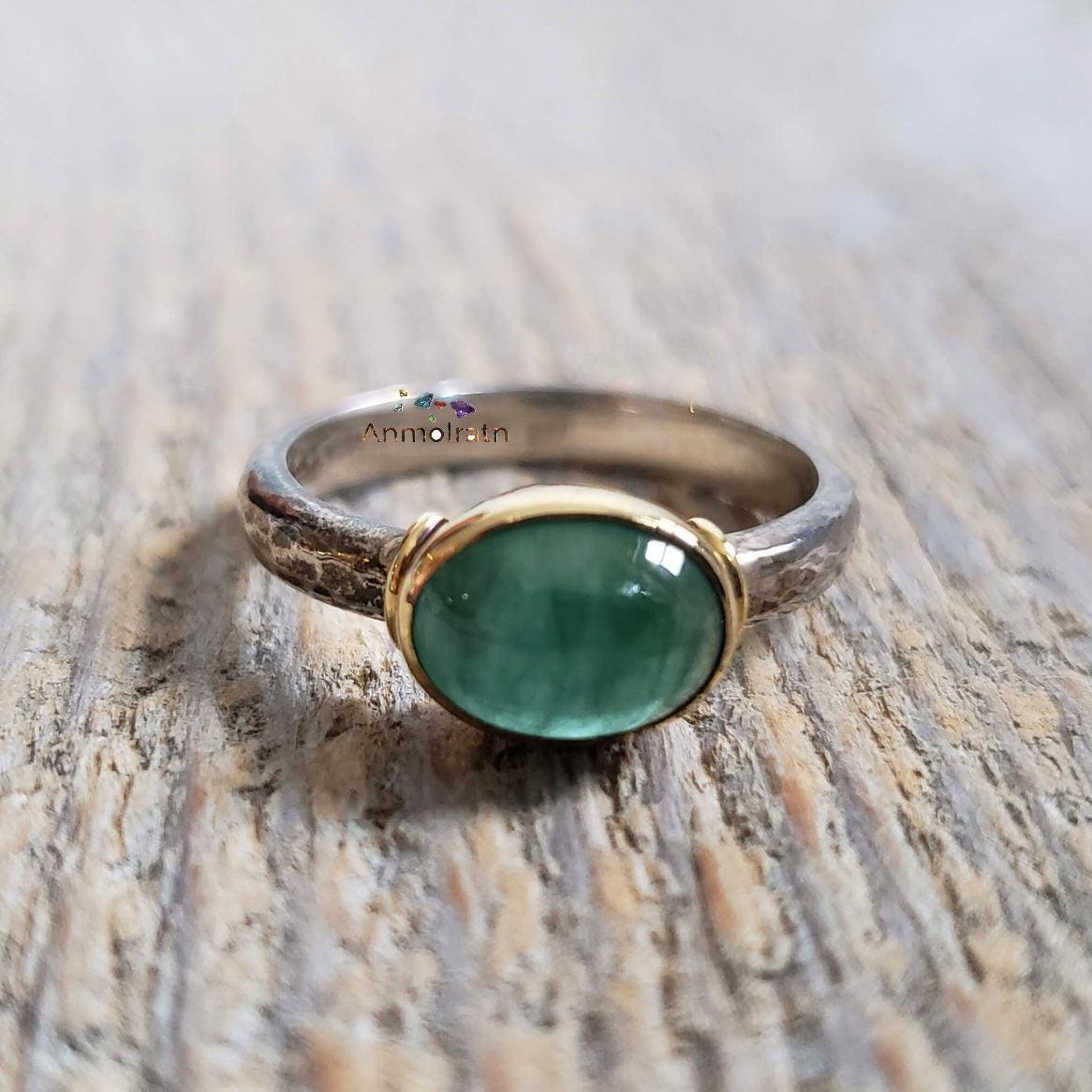 Natural Emerald Cabochon Ring For Men & Women Daily Wear Emerald Birthstone Ring Green Emerald Oval Bezel Set Antique Silver Ring For Gift