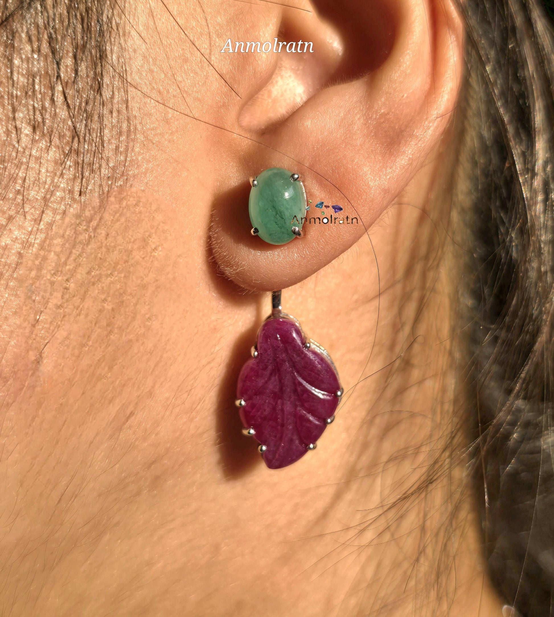 Emerald Ruby Earring, Multi Gemstone Earring, Gemstone Danglers, Emerald Sapphire Ruby Earring, Detachable Stud Earring, Long Earrings Women