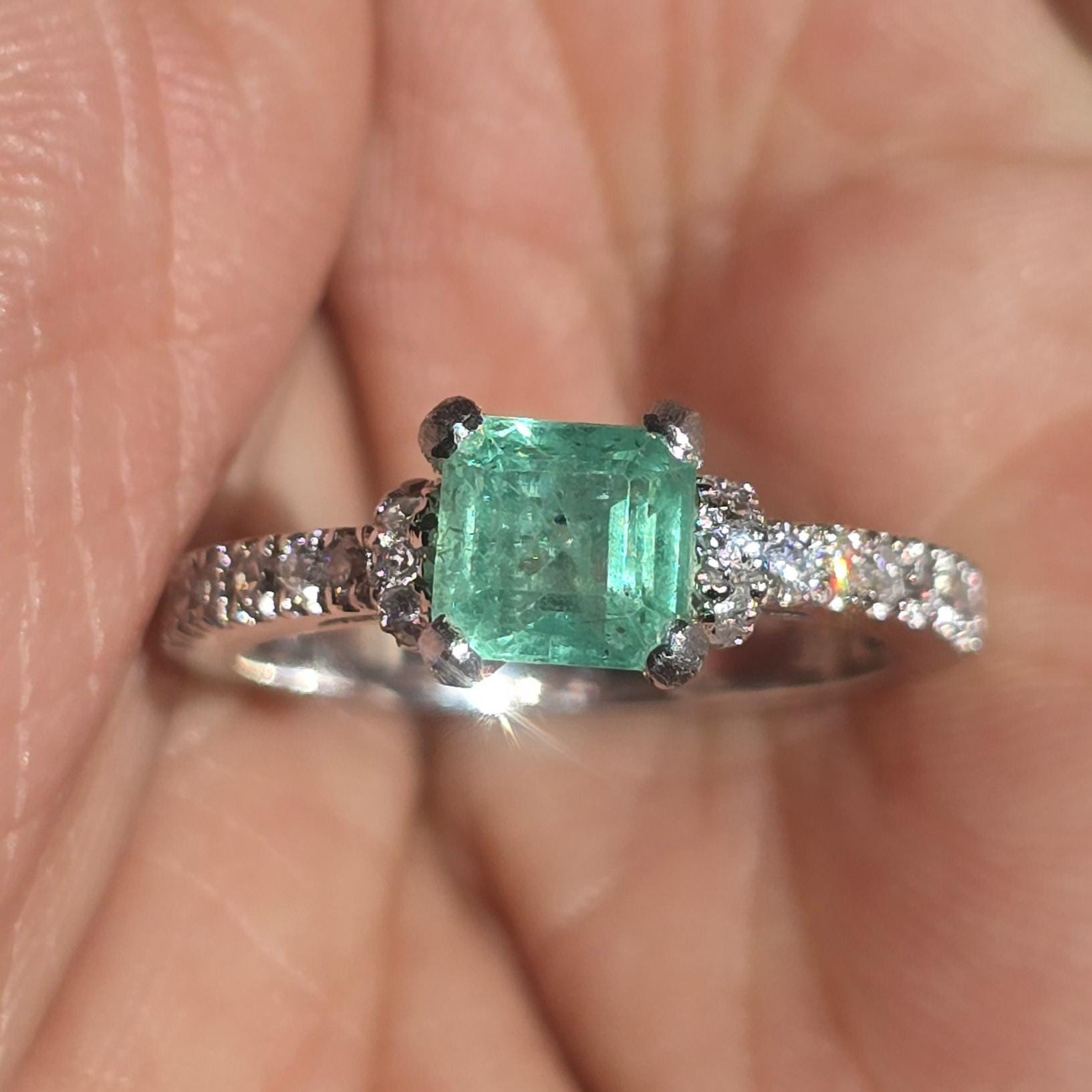 Pinky Emerald Wedding Ring For Women, Bright Green Natural Emerald Cut Solitaire Stacking Ring, Square Cut Emerald Octagon Silver Ring Gift