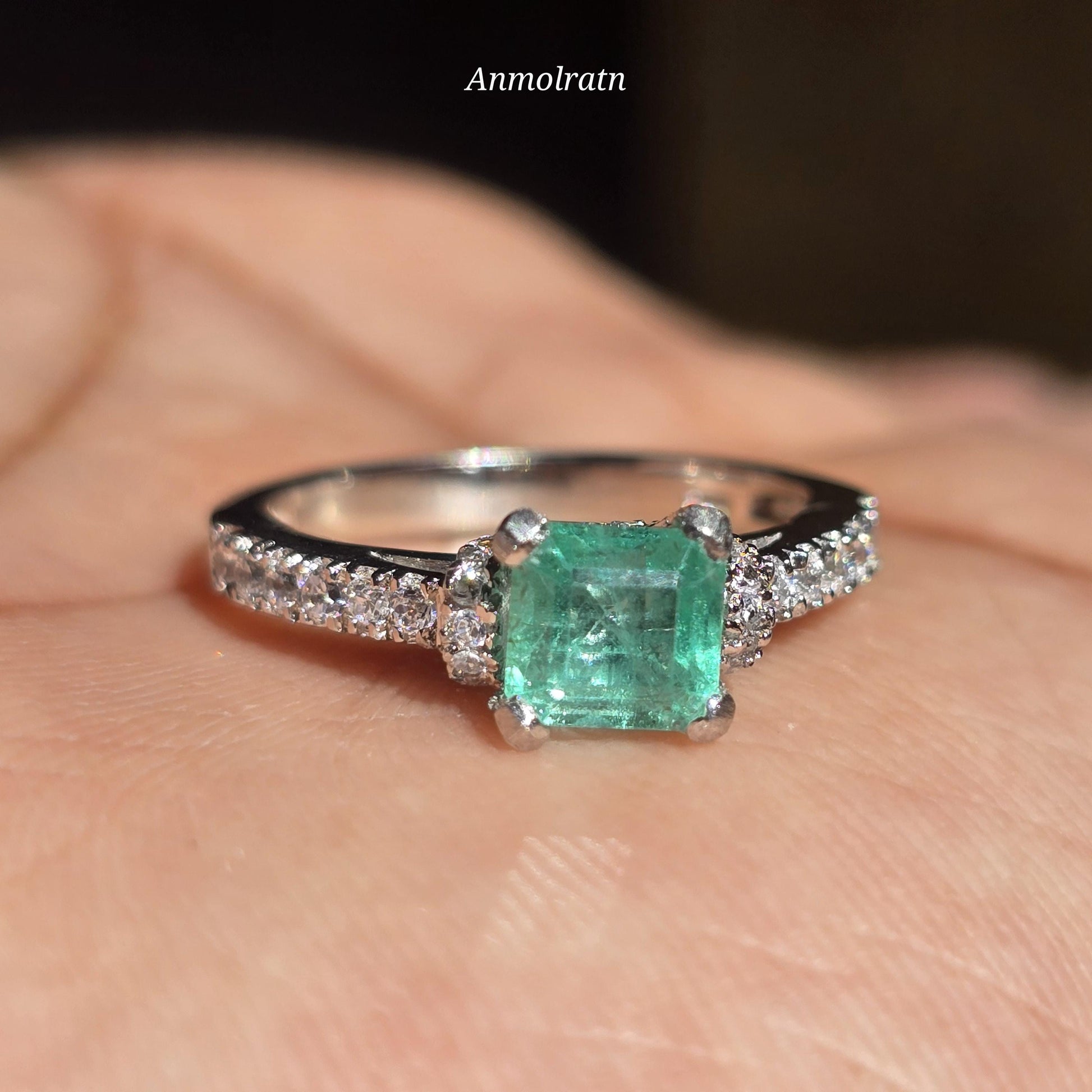 Pinky Emerald Wedding Ring For Women, Bright Green Natural Emerald Cut Solitaire Stacking Ring, Square Cut Emerald Octagon Silver Ring Gift