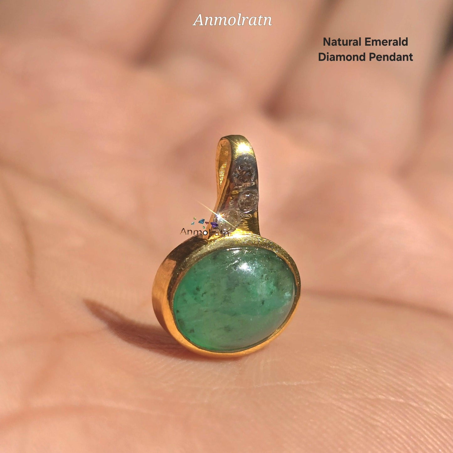 Emerald Cabochon Pendant With Diamond, Oval Emerald Solitaire Pendant Gift For Women, 3CT Natural Green Emerald Bezel Set Birthstone Pendant