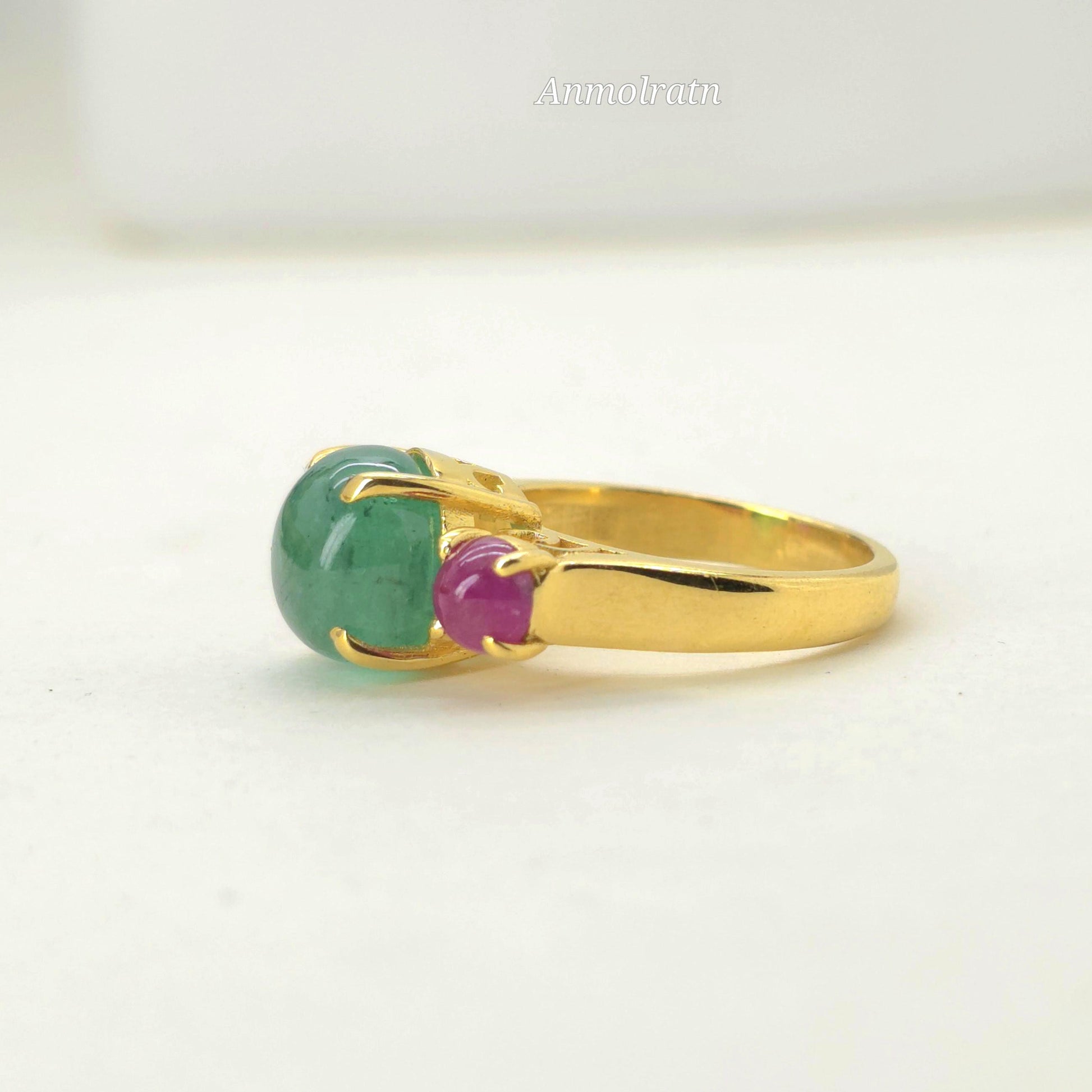 Vintage Emerald Ruby Ring For Women, Antique Emerald Ring, Unique Natural Emerald Cabochon Ring, Multi Gemstone Vintage Ring Gift For Her