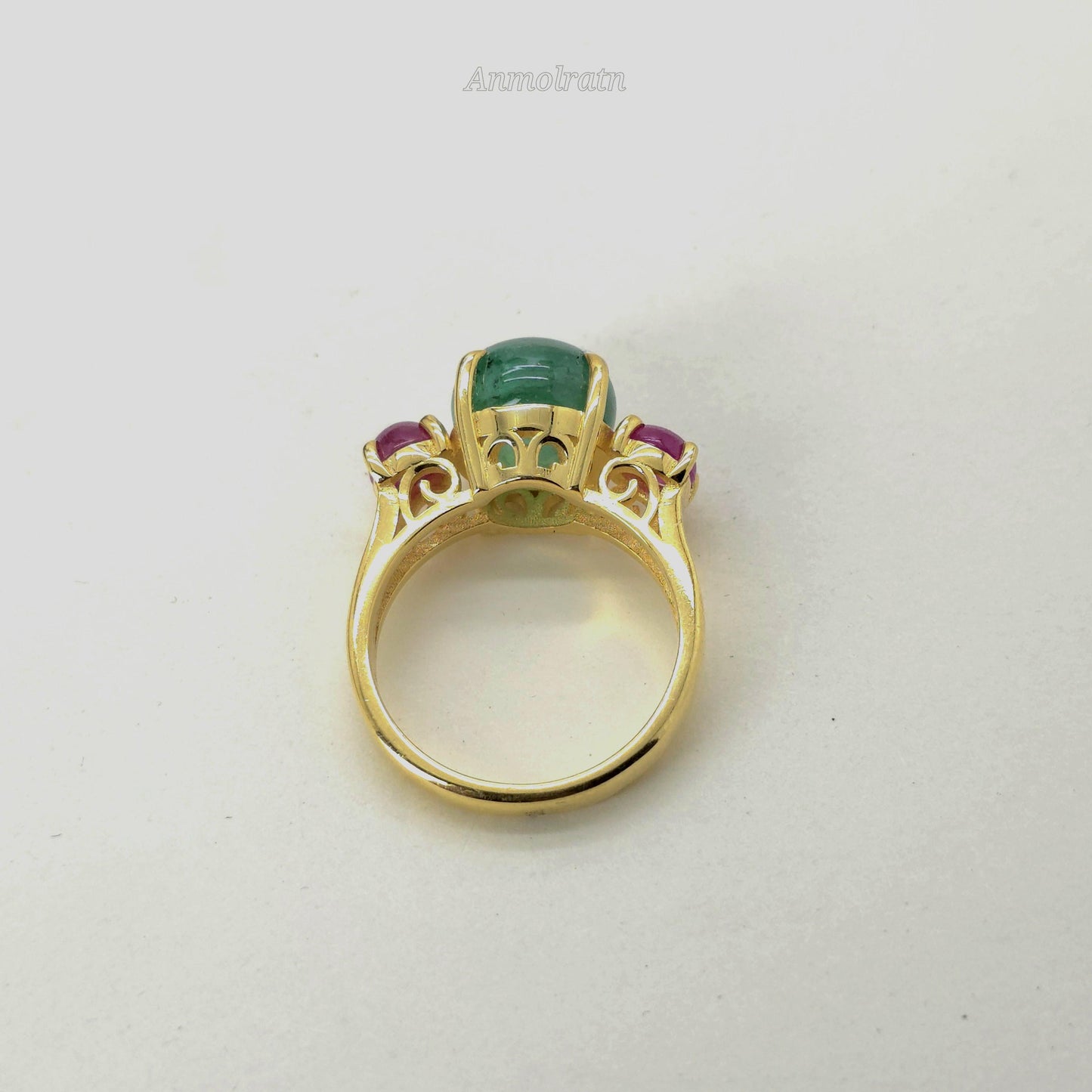 Vintage Emerald Ruby Ring For Women, Antique Emerald Ring, Unique Natural Emerald Cabochon Ring, Multi Gemstone Vintage Ring Gift For Her