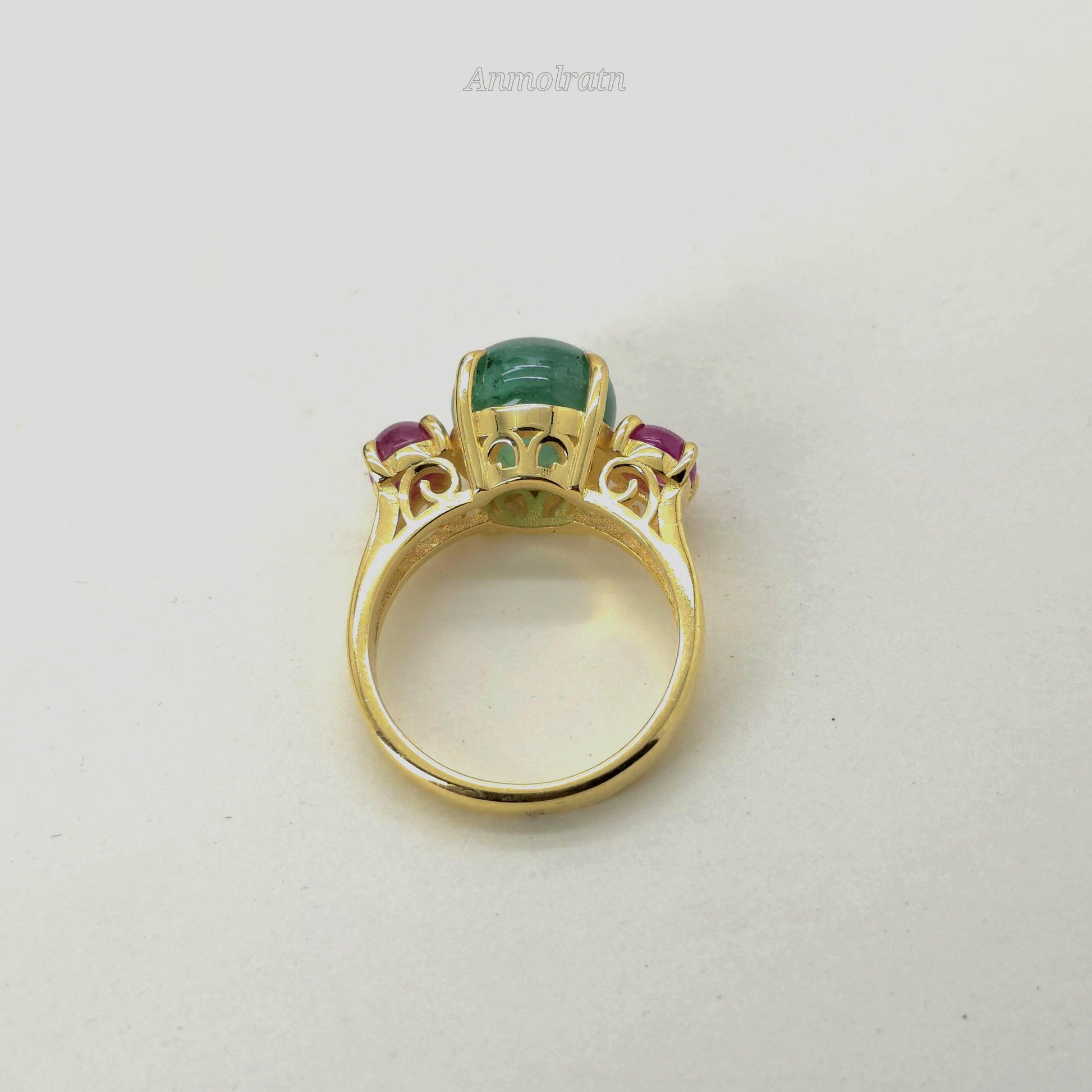Vintage Emerald Ruby Ring For Women, Antique Emerald Ring, Unique Natural Emerald Cabochon Ring, Multi Gemstone Vintage Ring Gift For Her