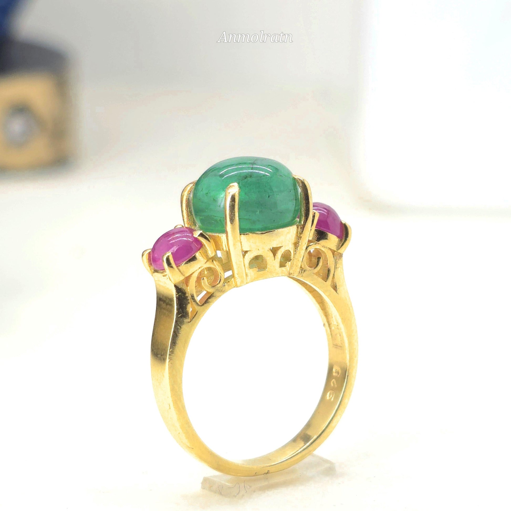 Vintage Emerald Ruby Ring For Women, Antique Emerald Ring, Unique Natural Emerald Cabochon Ring, Multi Gemstone Vintage Ring Gift For Her