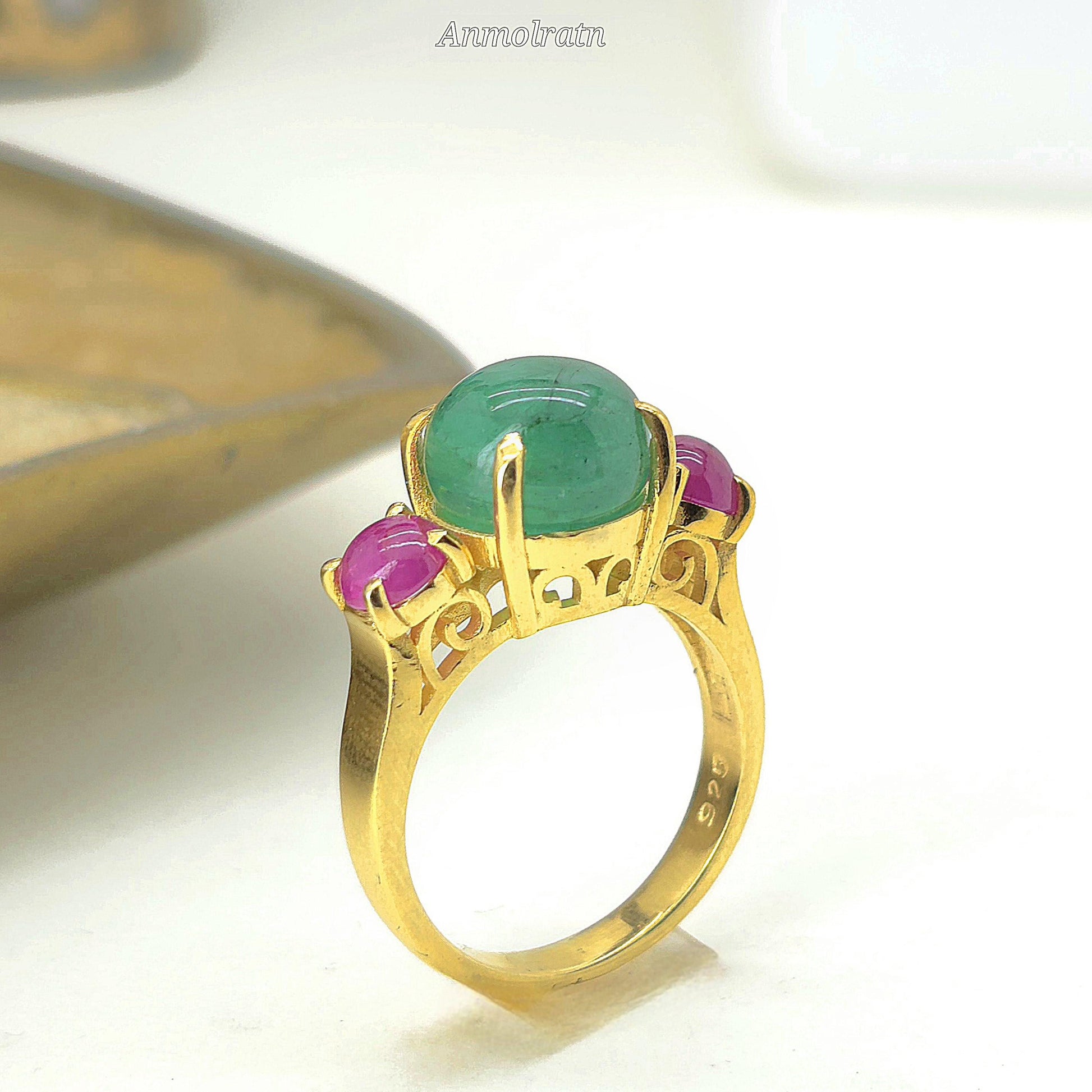 Vintage Emerald Ruby Ring For Women, Antique Emerald Ring, Unique Natural Emerald Cabochon Ring, Multi Gemstone Vintage Ring Gift For Her