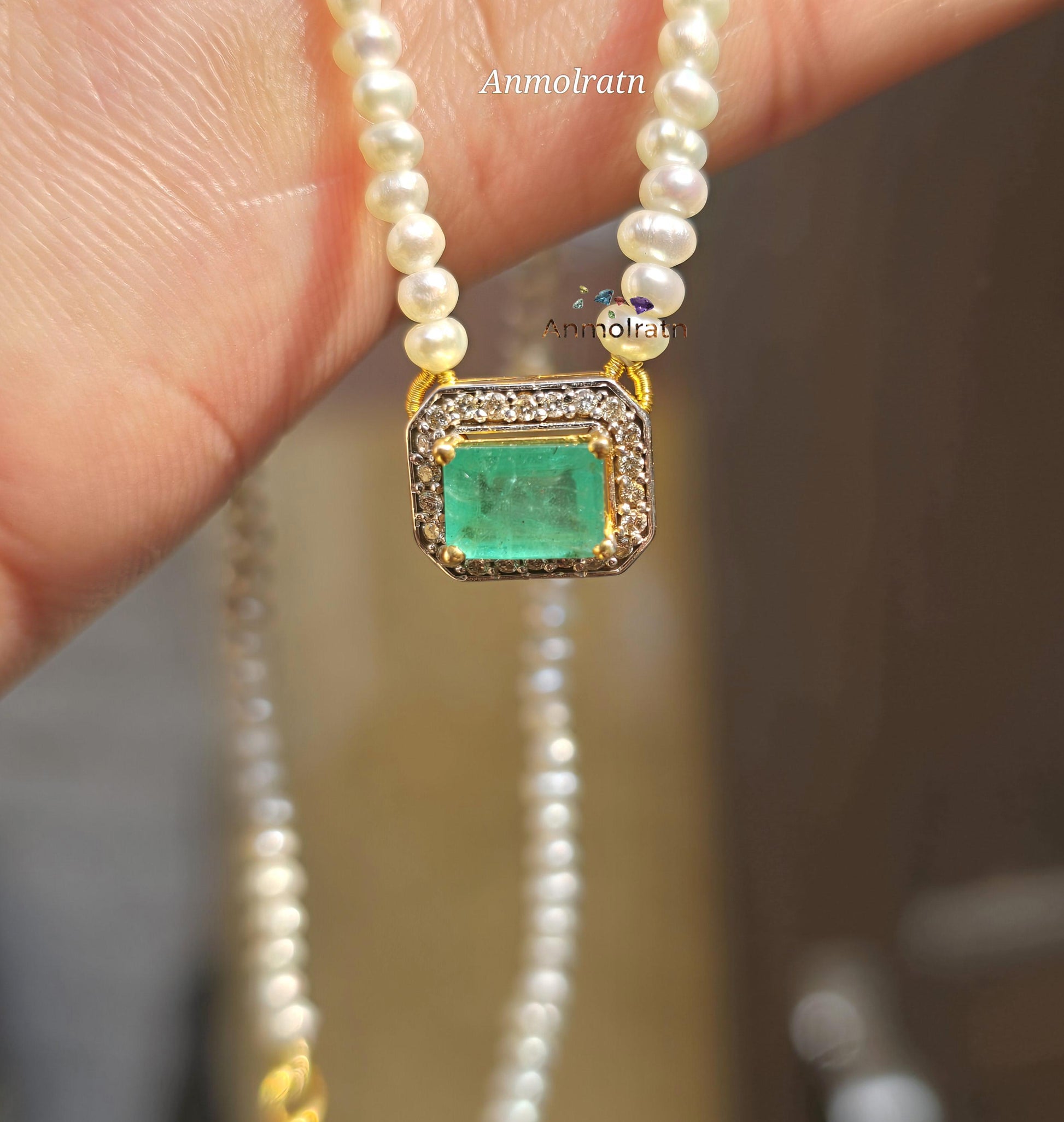 Emerald Cut Pendant For Women, Bright Green Emerald Cluster Solitaire Pendant, 14k Dainty Emerald Diamond Halo Pendant Necklace Gift For Her