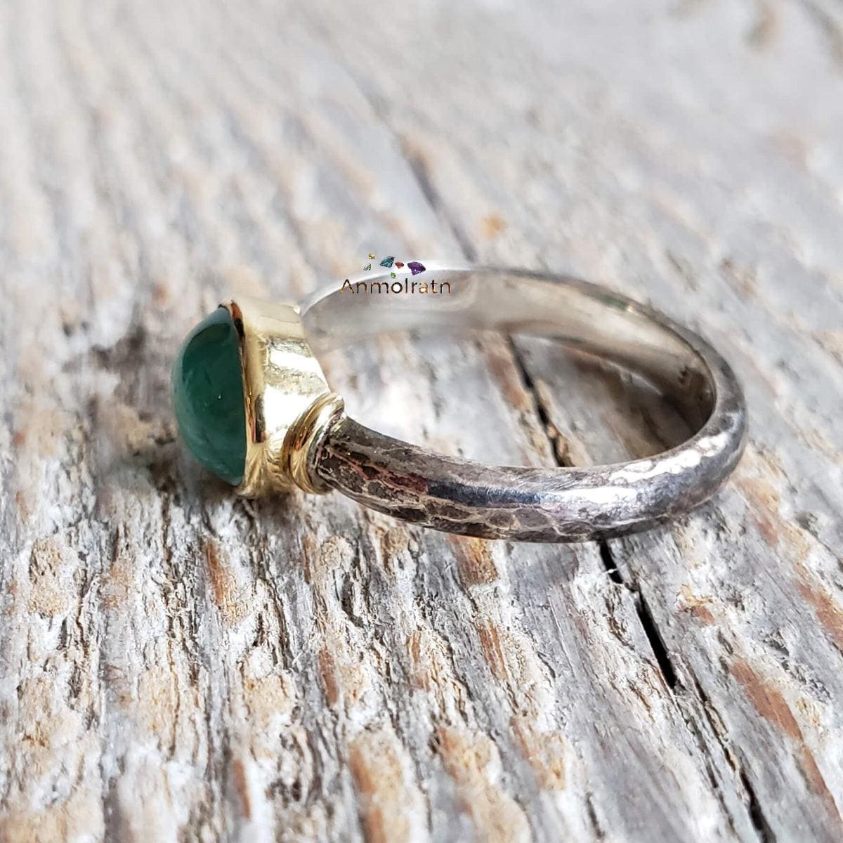 Natural Emerald Cabochon Ring For Men & Women Daily Wear Emerald Birthstone Ring Green Emerald Oval Bezel Set Antique Silver Ring For Gift